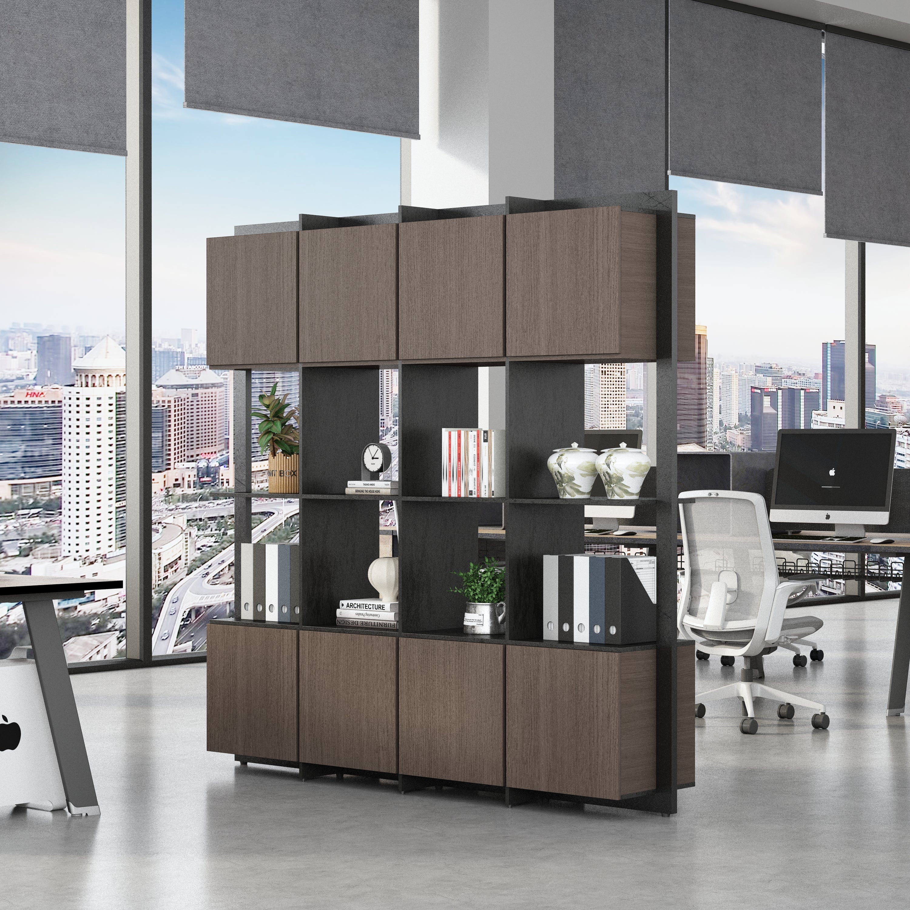 Saintcy XS006B Modern Executive Cabinet - 2.0m Open-Grid Display Bookcase with Concealed Upper and Lower Storage