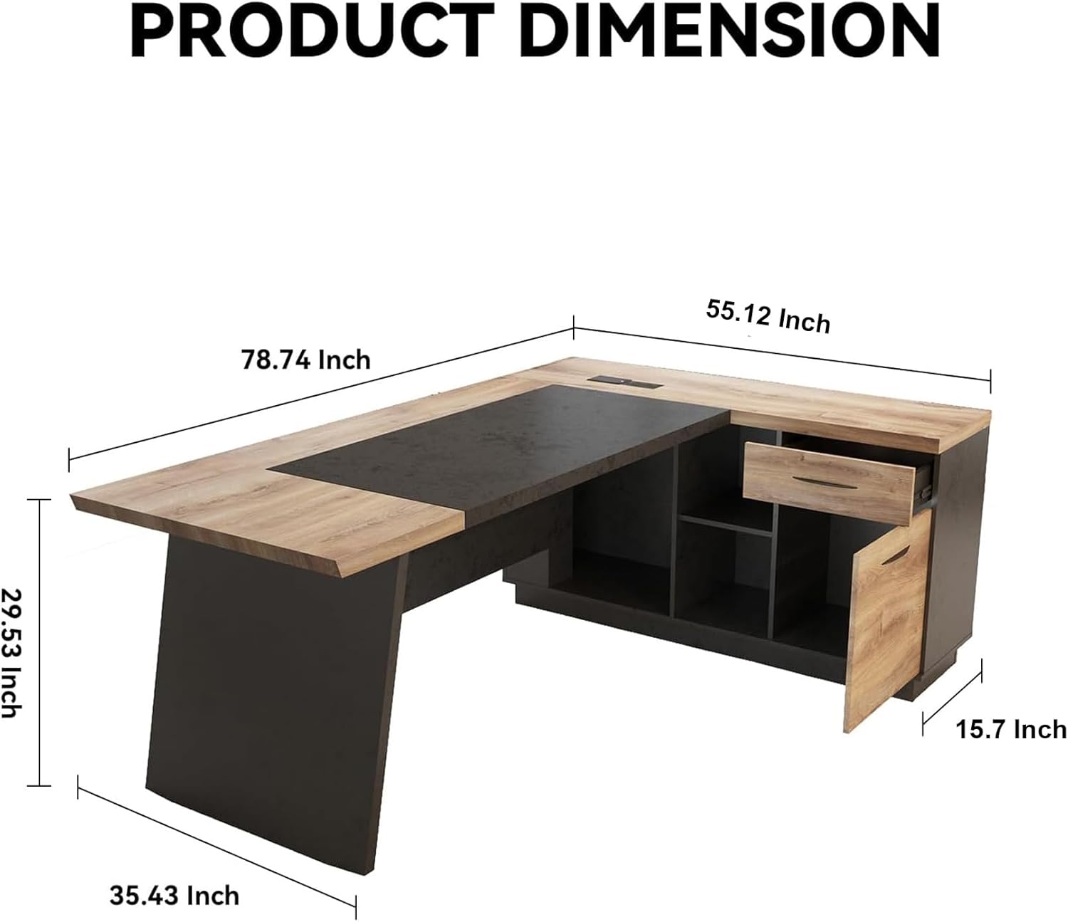 SAINTCY L-Shape Modern Executive Desk with Storage Cabinet, Cable Management & Charging Ports, Wood Top
