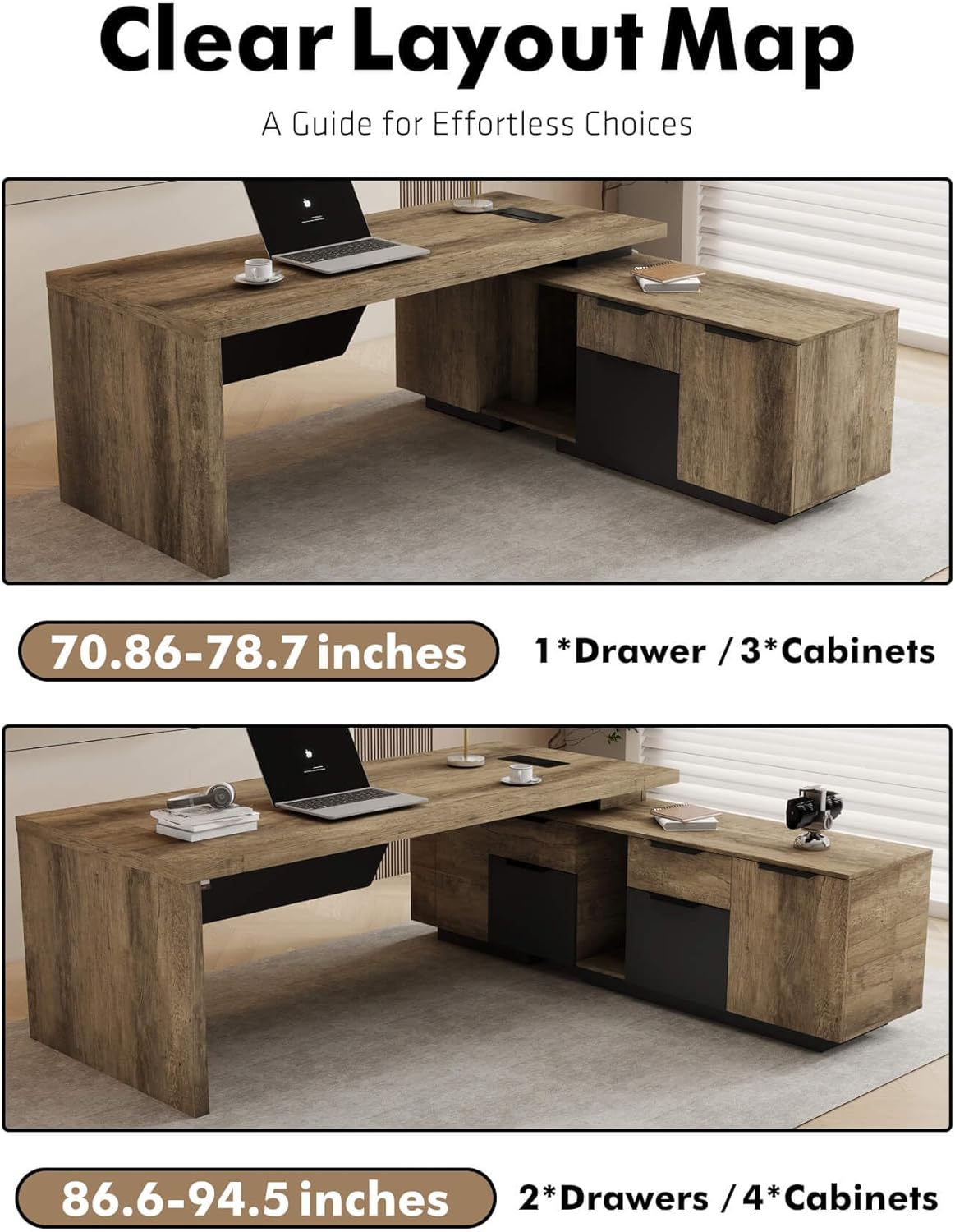 Saintcy Expandable Executive Desk with Integrated Storage Cabinet, Modern Office Desk with Cable Management for Home & Professional Workspaces