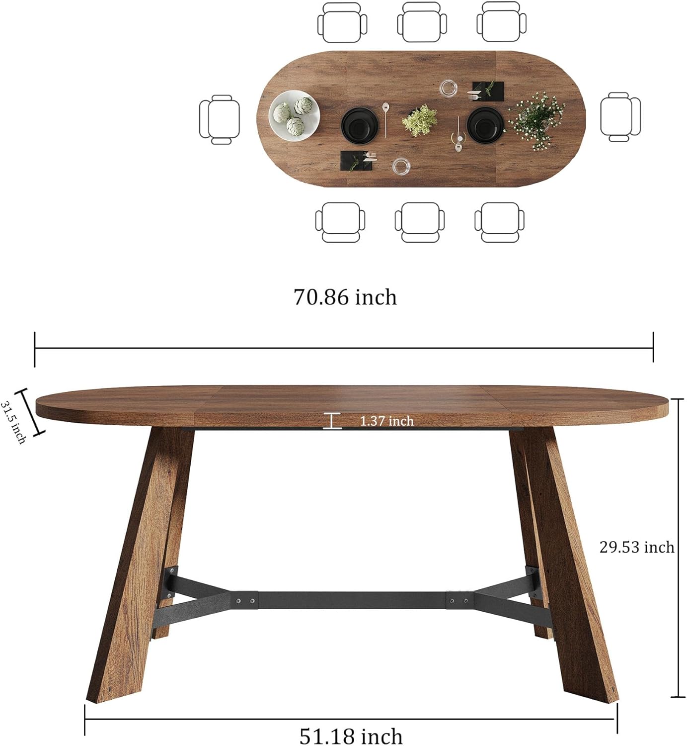 SAINTCY Modern Oval Wood Office Desk, 70.8" Rustic Industrial Writing Desk for Home Office, Meeting & Dining Use