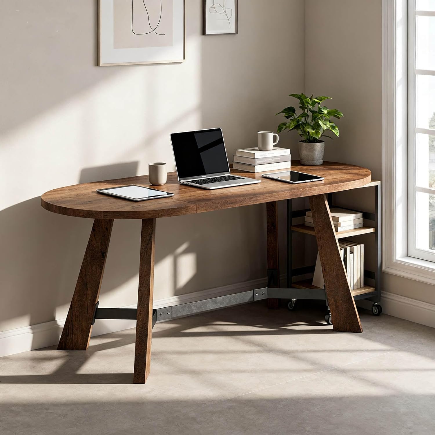 SAINTCY Modern Oval Wood Office Desk, 70.8" Rustic Industrial Writing Desk for Home Office, Meeting & Dining Use