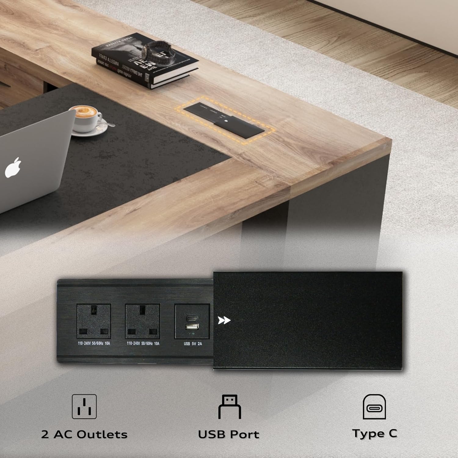 SAINTCY L-Shape Modern Executive Desk with Storage Cabinet, Cable Management & Charging Ports, Wood Top