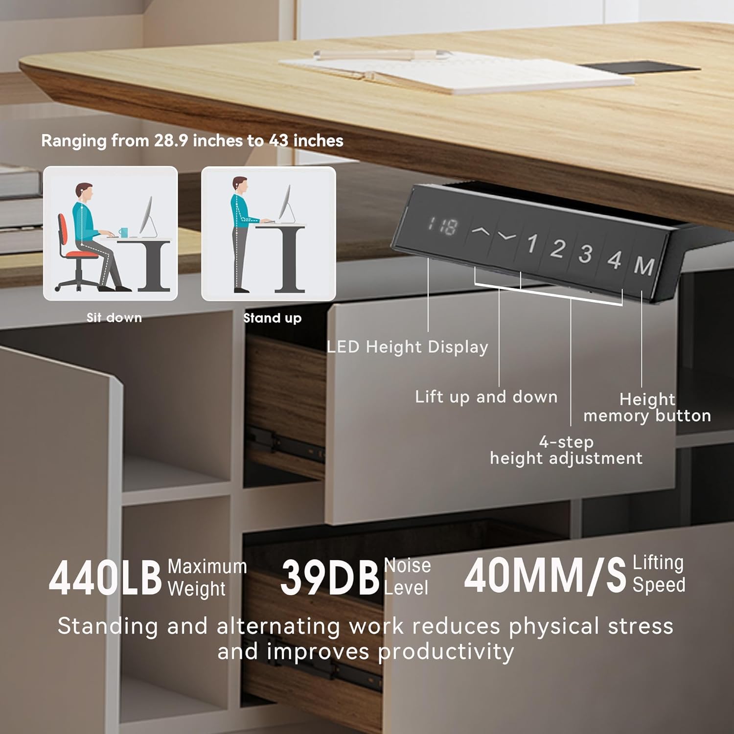SAINTCY Modern L-Shaped Standing Executive Desk with Storage Cabinets and Height Adjustment for Office
