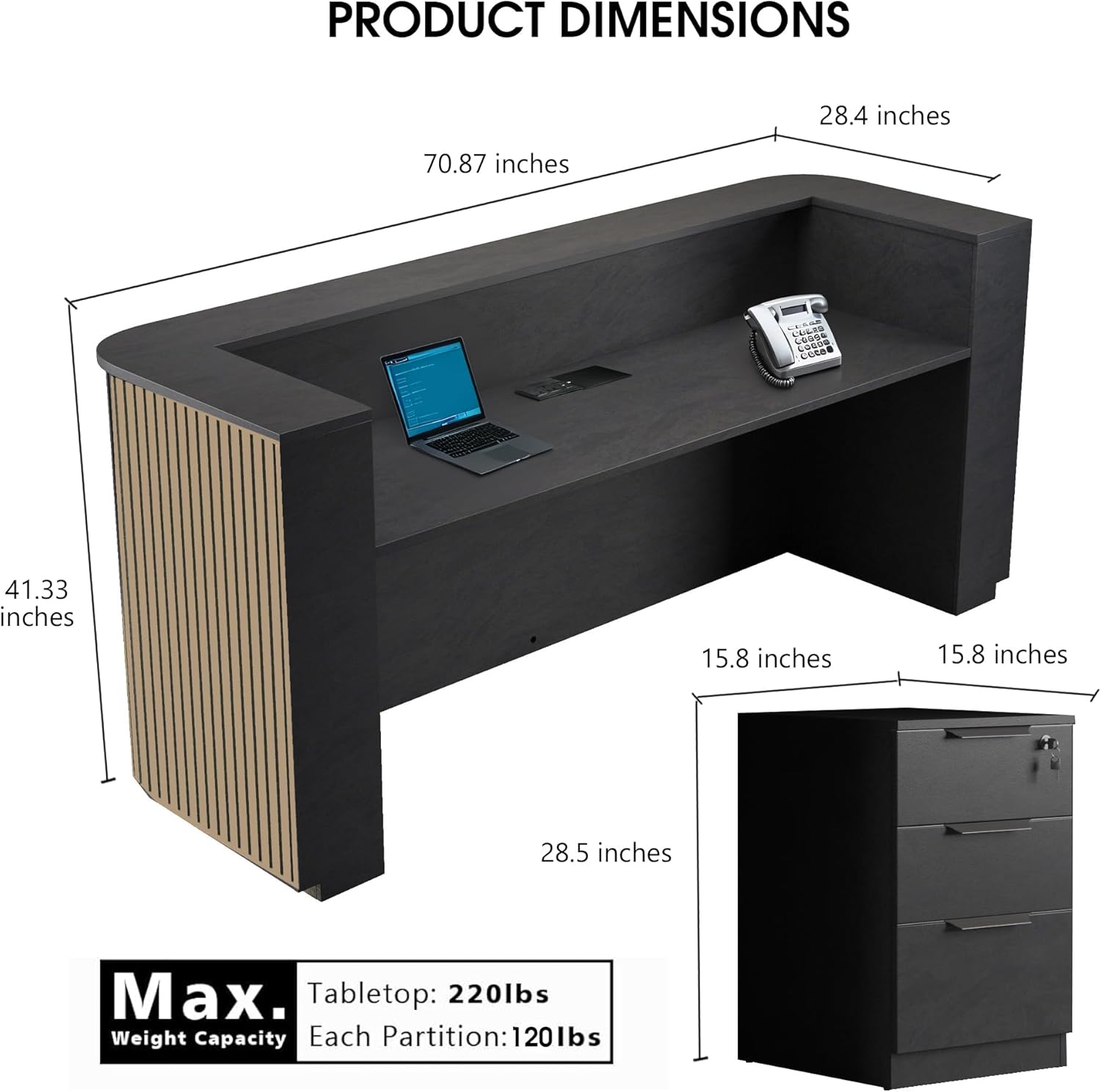 SAINTCY 70.87" Curved Reception Desk with Counter, Modern Black Front Desk with Power Outlets & LED Lighting, Engineered Wood Reception Counter for Office, Salon, Lobby & Retail Checkout
