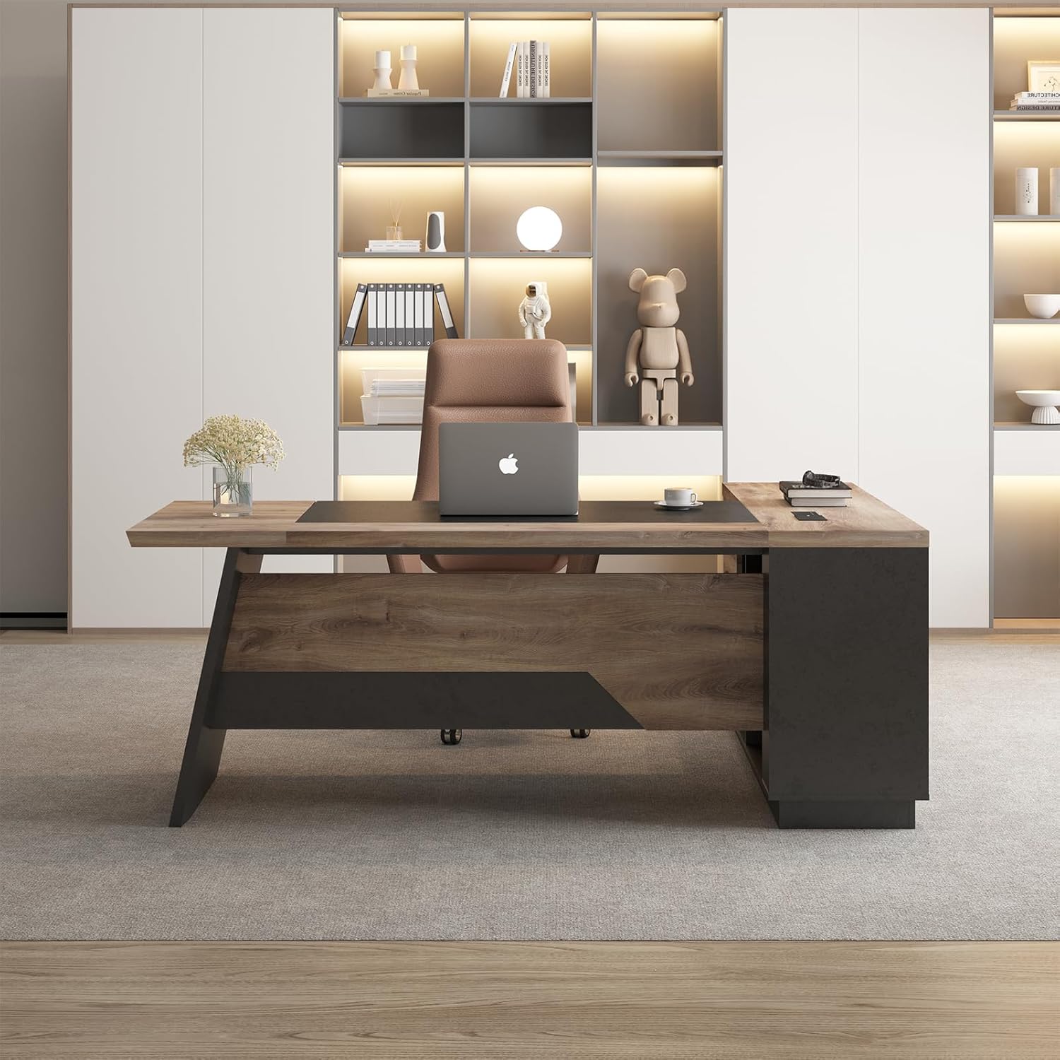 SAINTCY L-Shape Modern Executive Desk with Storage Cabinet, Cable Management & Charging Ports, Wood Top