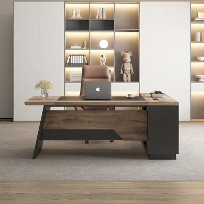 SAINTCY L-Shape Modern Executive Desk with Storage Cabinet, Cable Management & Charging Ports, Wood Top