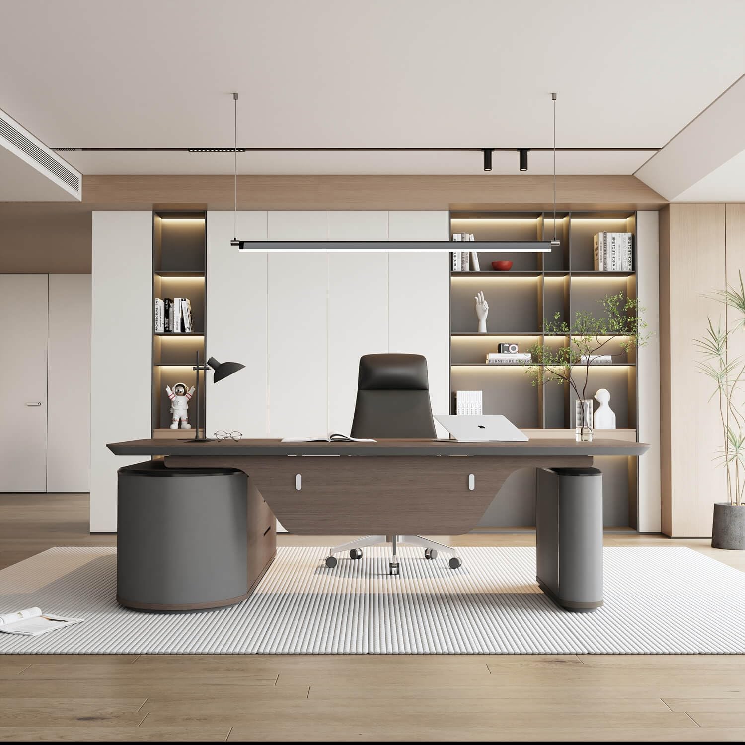 SAINTCY Modern L-Shaped Standing Executive Desk with Storage Cabinet and Height Adjustment for Office