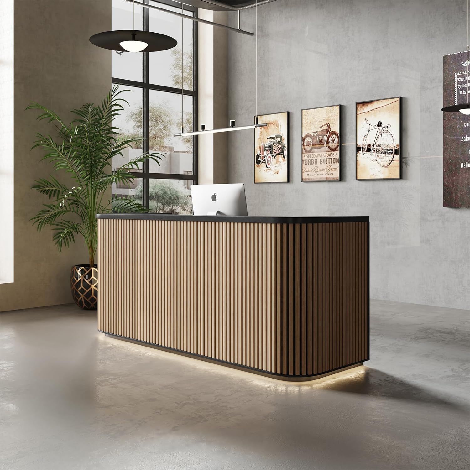 SAINTCY 70.87" Curved Reception Desk with Counter, Modern Black Front Desk with Power Outlets & LED Lighting, Engineered Wood Reception Counter for Office, Salon, Lobby & Retail Checkout