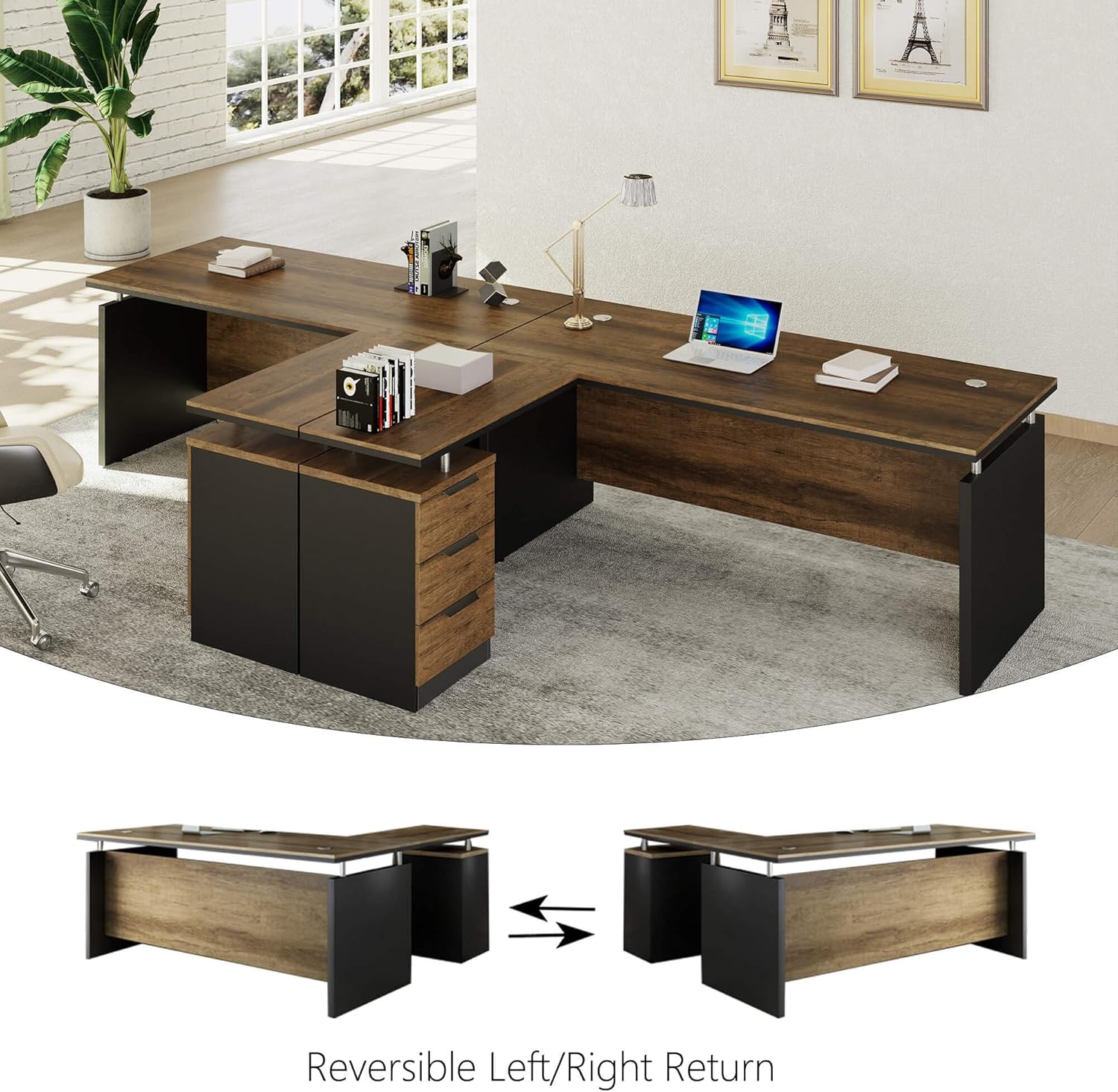 SAINTCY Modern Office Desk with Storage Drawers, Woodgrain Finish, Functional Work Desk for Home & Office