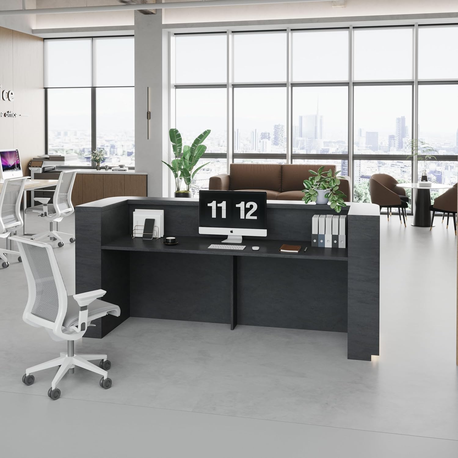 SAINTCY 70.87" Curved Reception Desk with Counter, Modern Black Front Desk with Power Outlets & LED Lighting, Engineered Wood Reception Counter for Office, Salon, Lobby & Retail Checkout