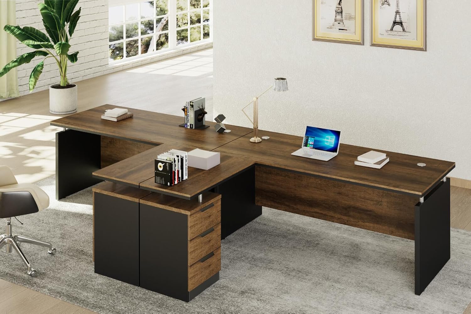 SAINTCY Modern Office Desk with Storage Drawers, Woodgrain Finish, Functional Work Desk for Home & Office