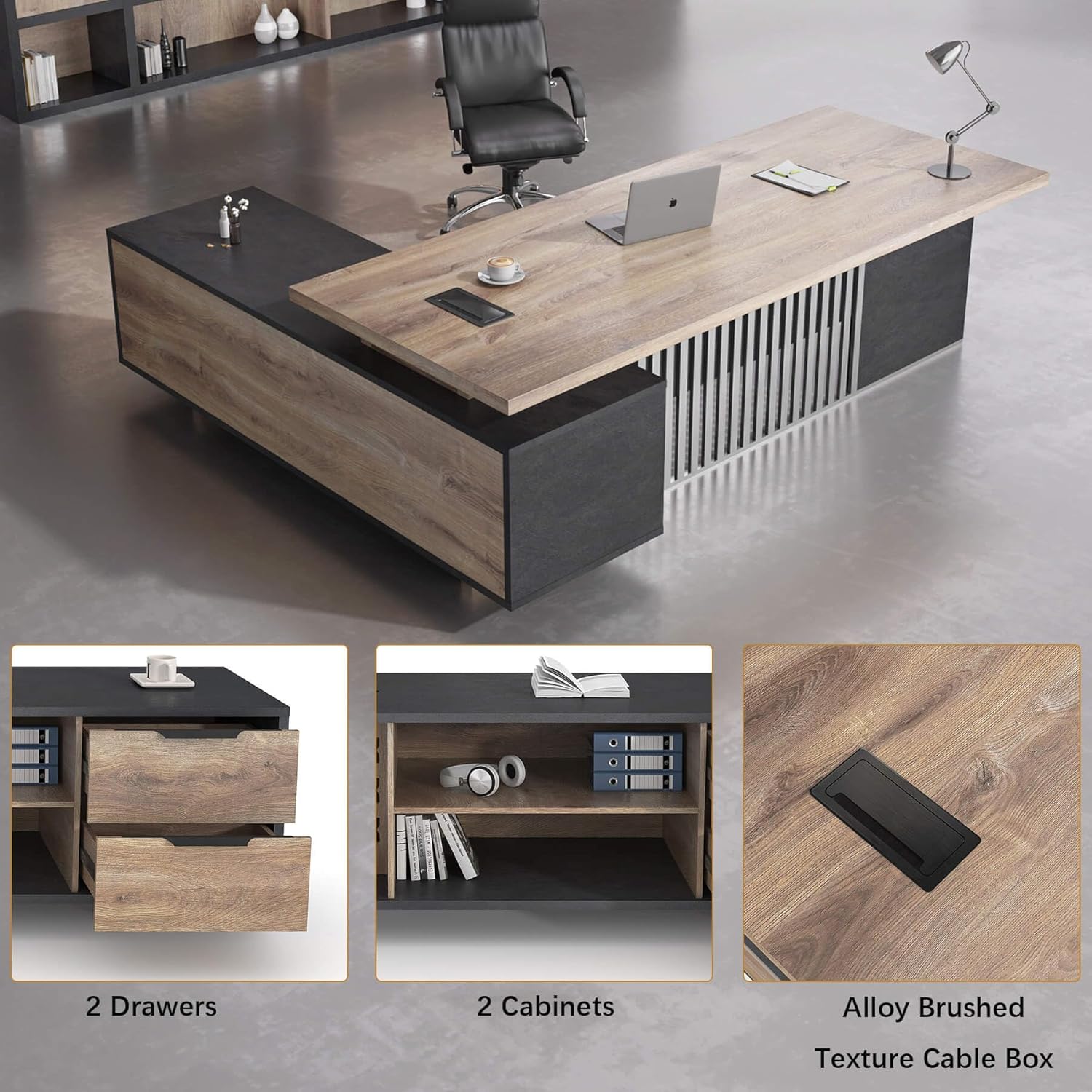 Saintcy Modern Executive L-Shaped Desk with Integrated Storage & Slatted Front Detail