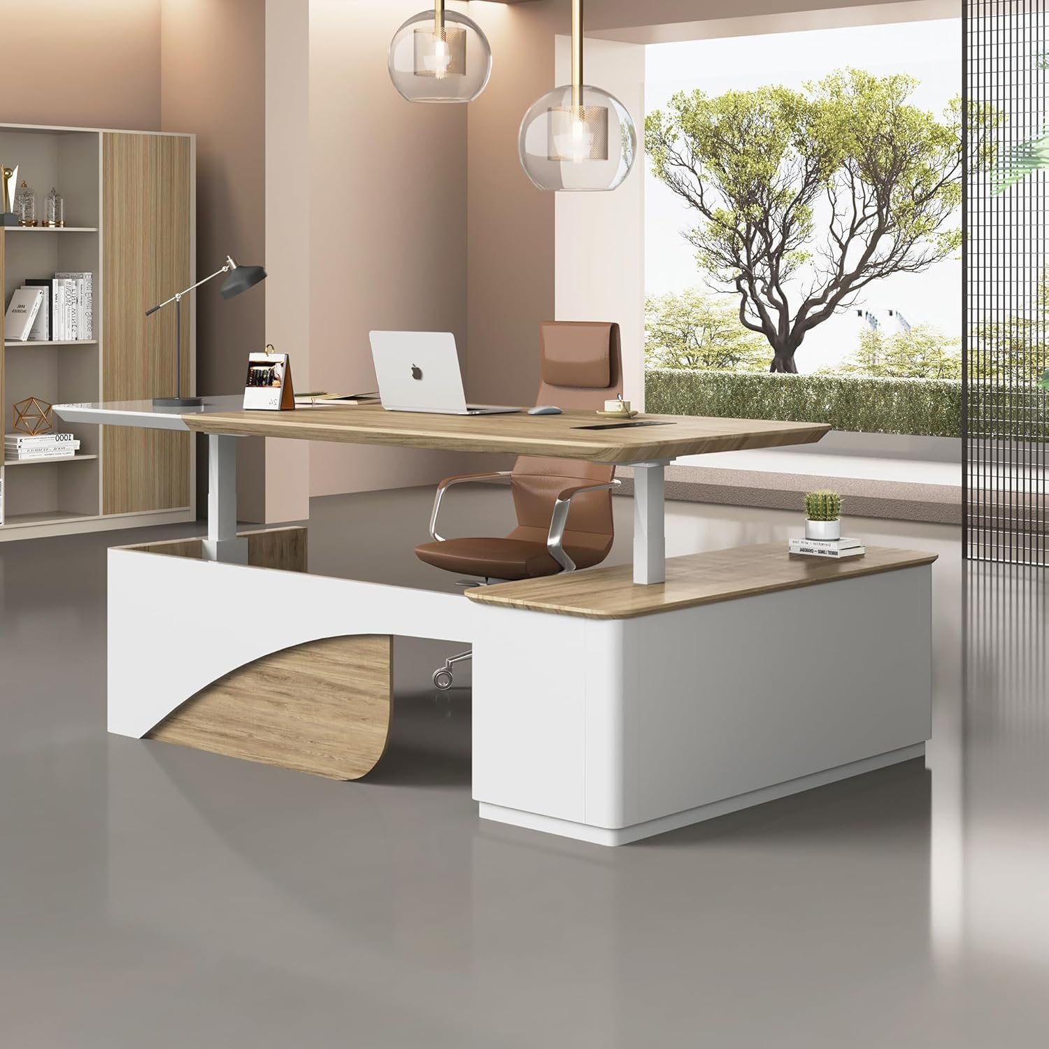 SAINTCY Modern L-Shaped Standing Executive Desk with Storage Cabinets and Height Adjustment for Office
