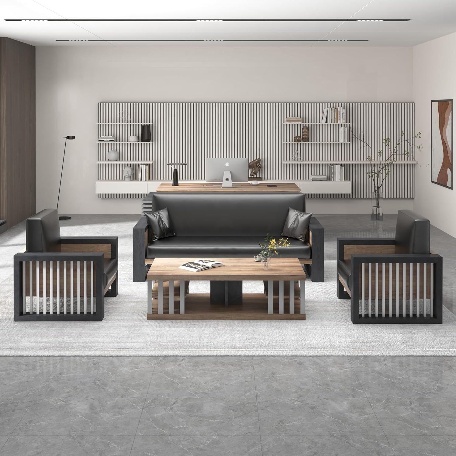 SAINTCY Mid-Century Modern 3-Piece Faux Leather Sofa Set with Coffee Table for Living Room or Office