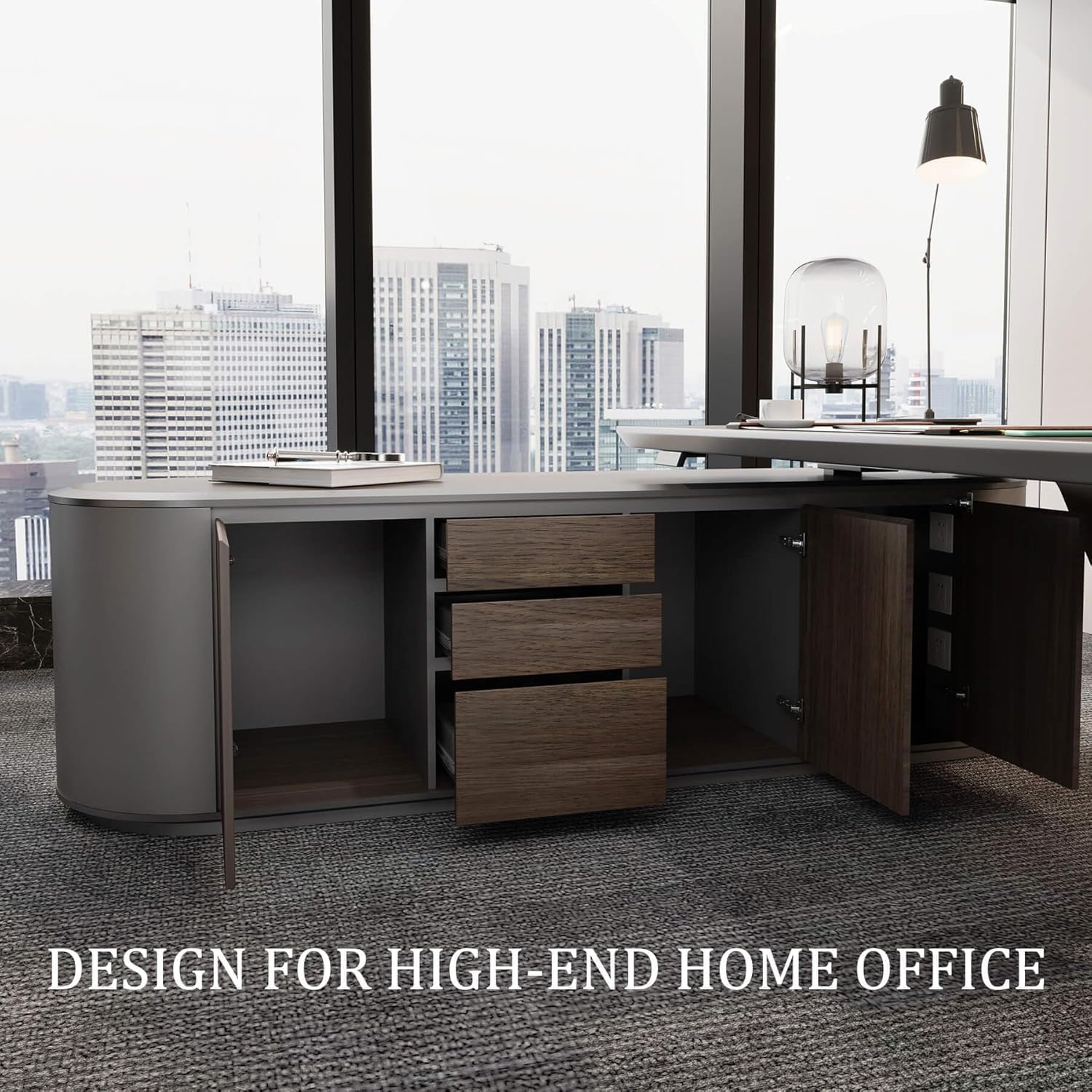 SAINTCY Modern L-Shaped Standing Executive Desk with Storage Cabinet and Height Adjustment for Office
