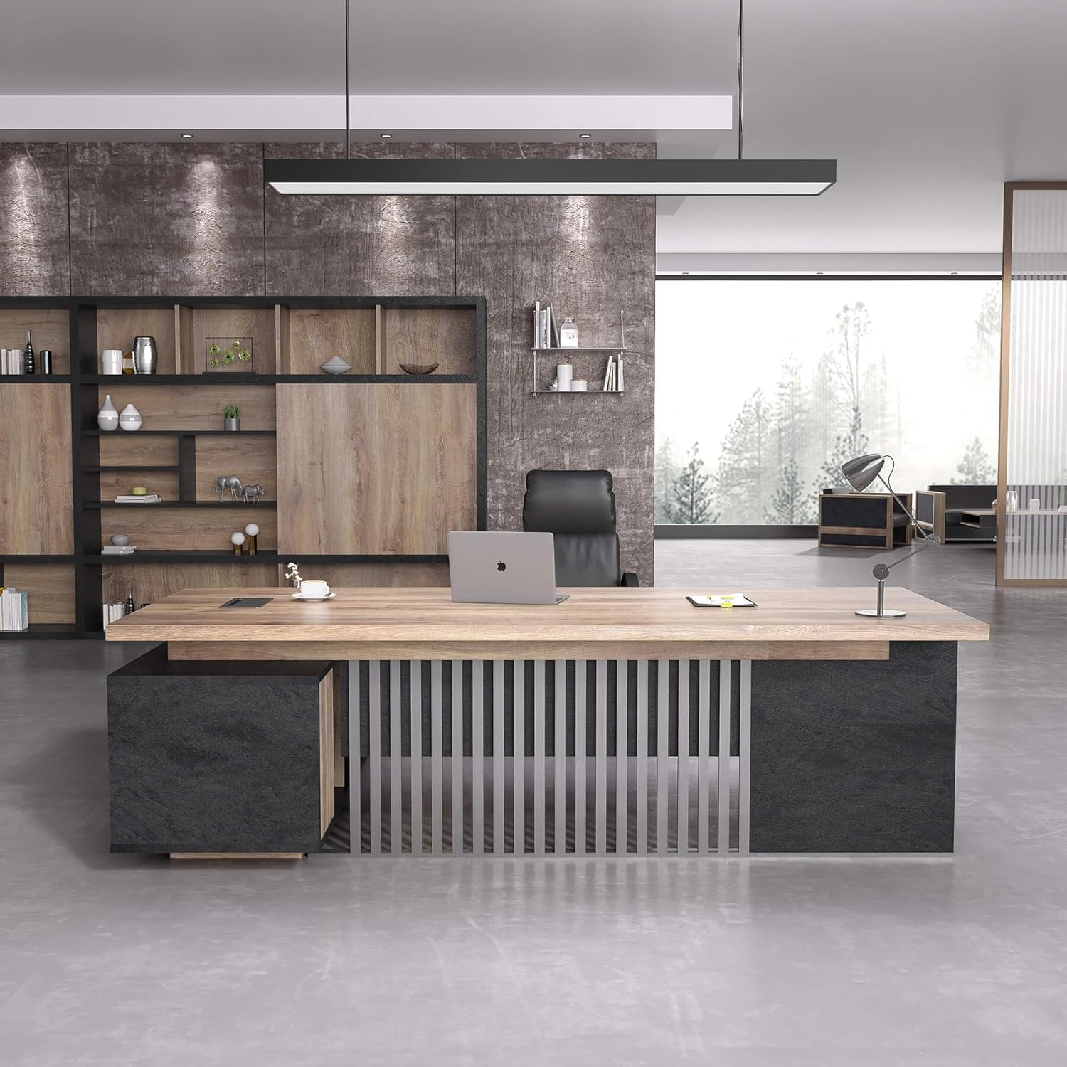 Saintcy Modern Executive L-Shaped Desk with Integrated Storage & Slatted Front Detail