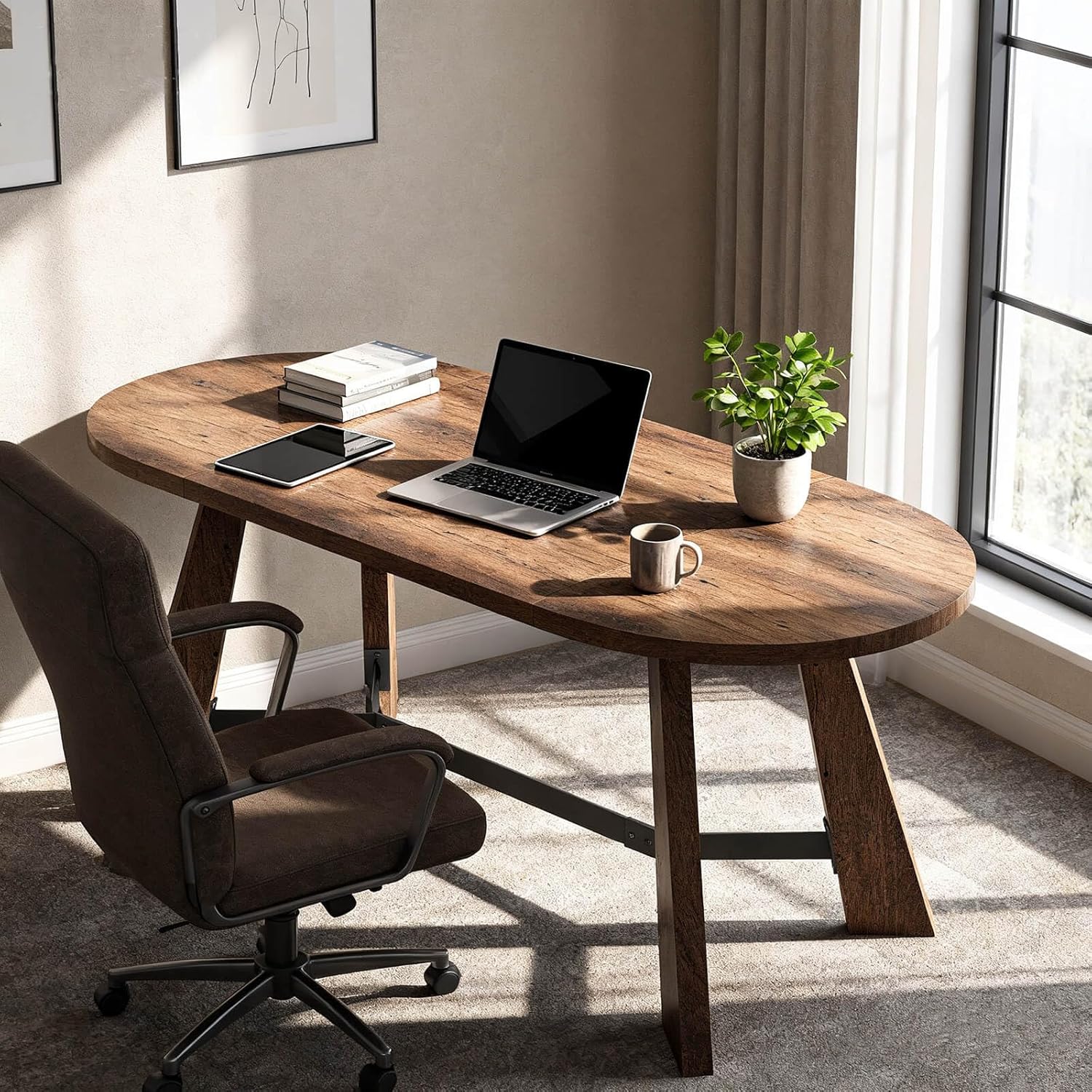 SAINTCY Modern Oval Wood Office Desk, 70.8" Rustic Industrial Writing Desk for Home Office, Meeting & Dining Use