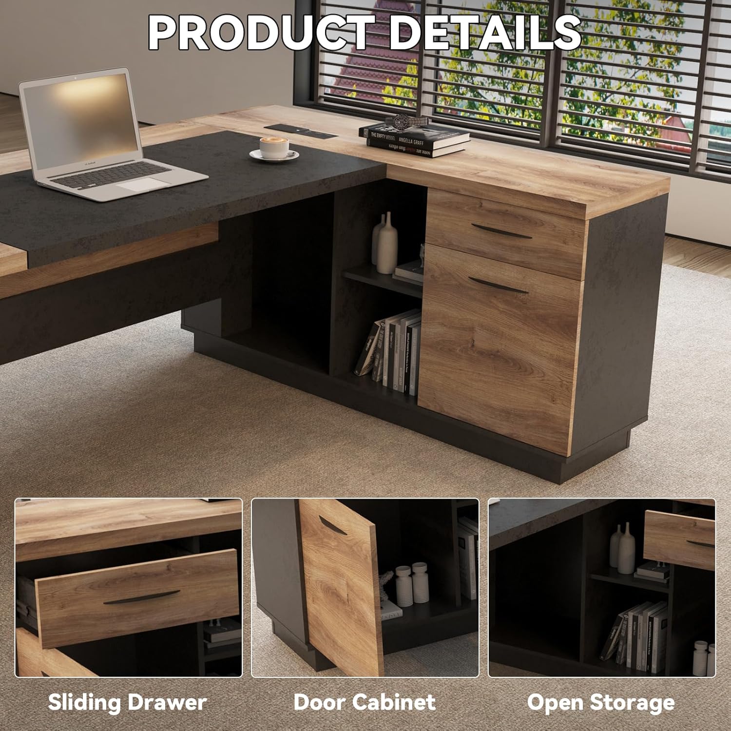 SAINTCY L-Shape Modern Executive Desk with Storage Cabinet, Cable Management & Charging Ports, Wood Top