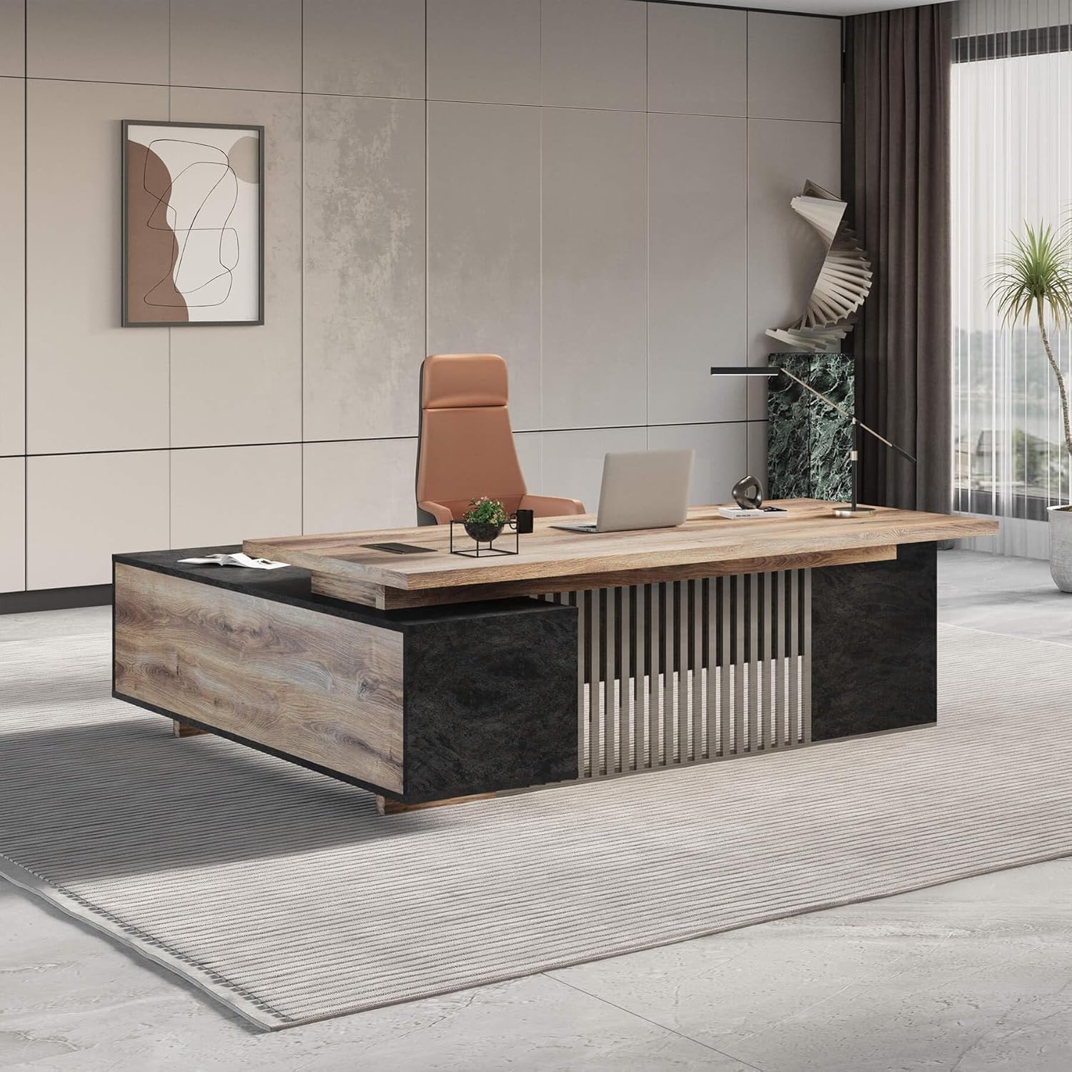 Saintcy Modern Executive L-Shaped Desk with Integrated Storage & Slatted Front Detail
