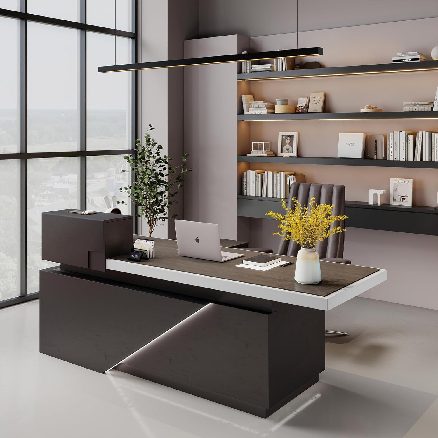 Saintcy Modern L-Shaped Executive Desk with Storage Cabinet and Shelving for Home or Office