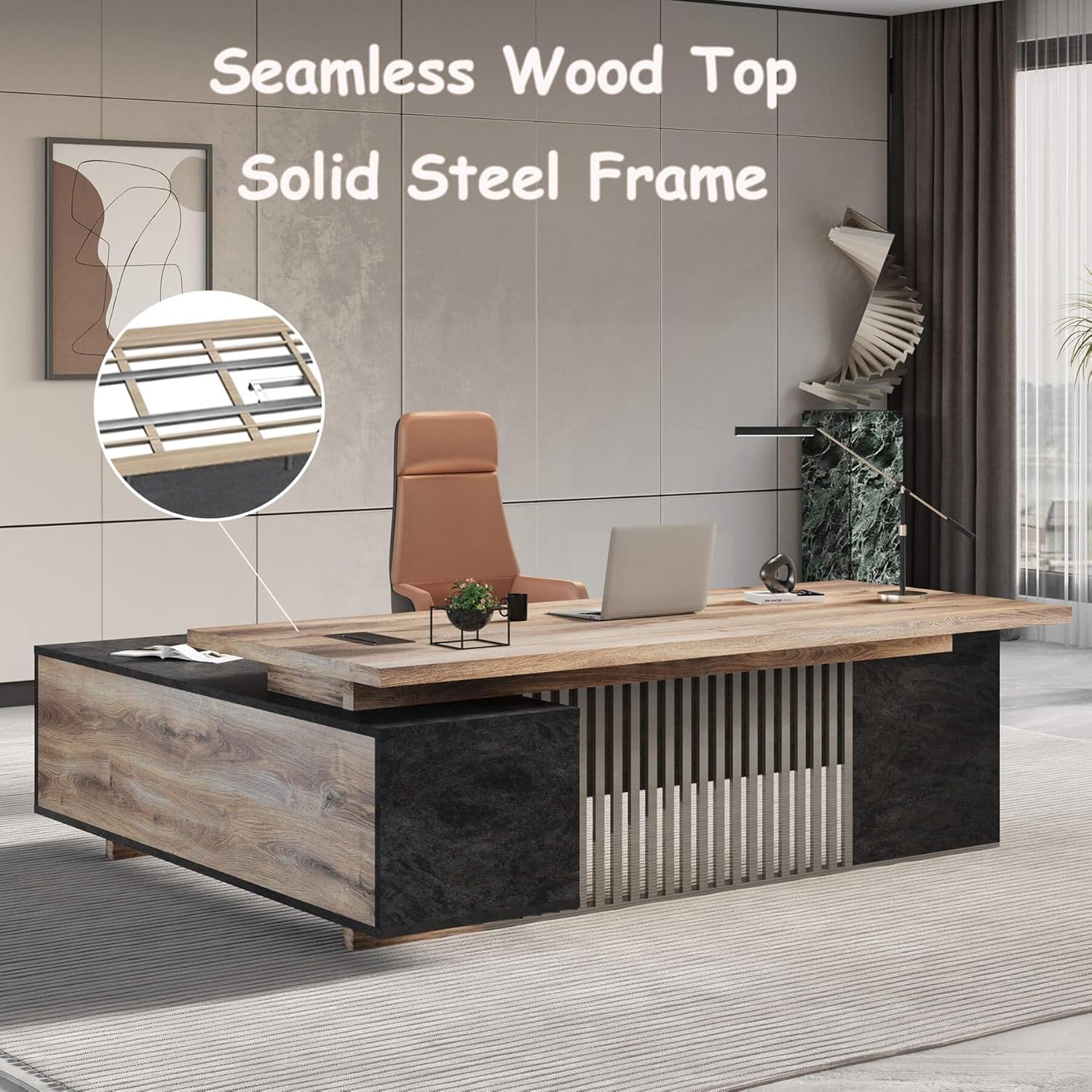 Saintcy Modern Executive L-Shaped Desk with Integrated Storage & Slatted Front Detail