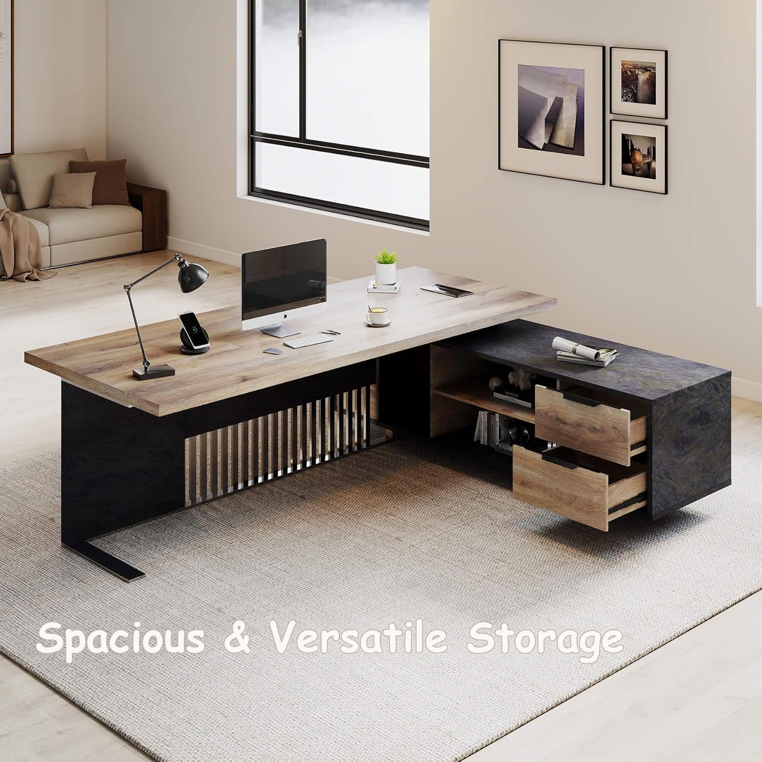 Saintcy Modern Executive L-Shaped Desk with Integrated Storage & Slatted Front Detail