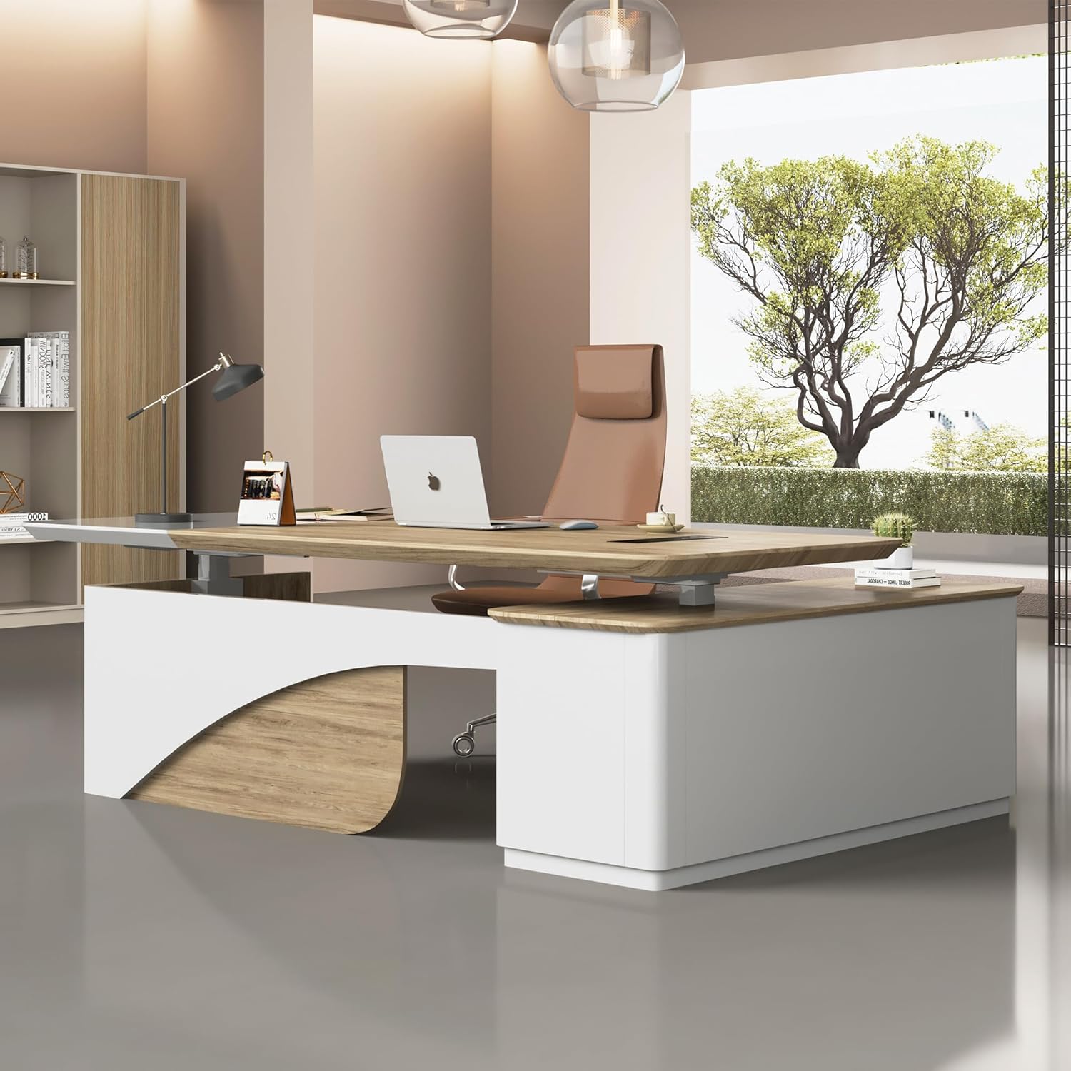 SAINTCY Modern L-Shaped Standing Executive Desk with Storage Cabinets and Height Adjustment for Office