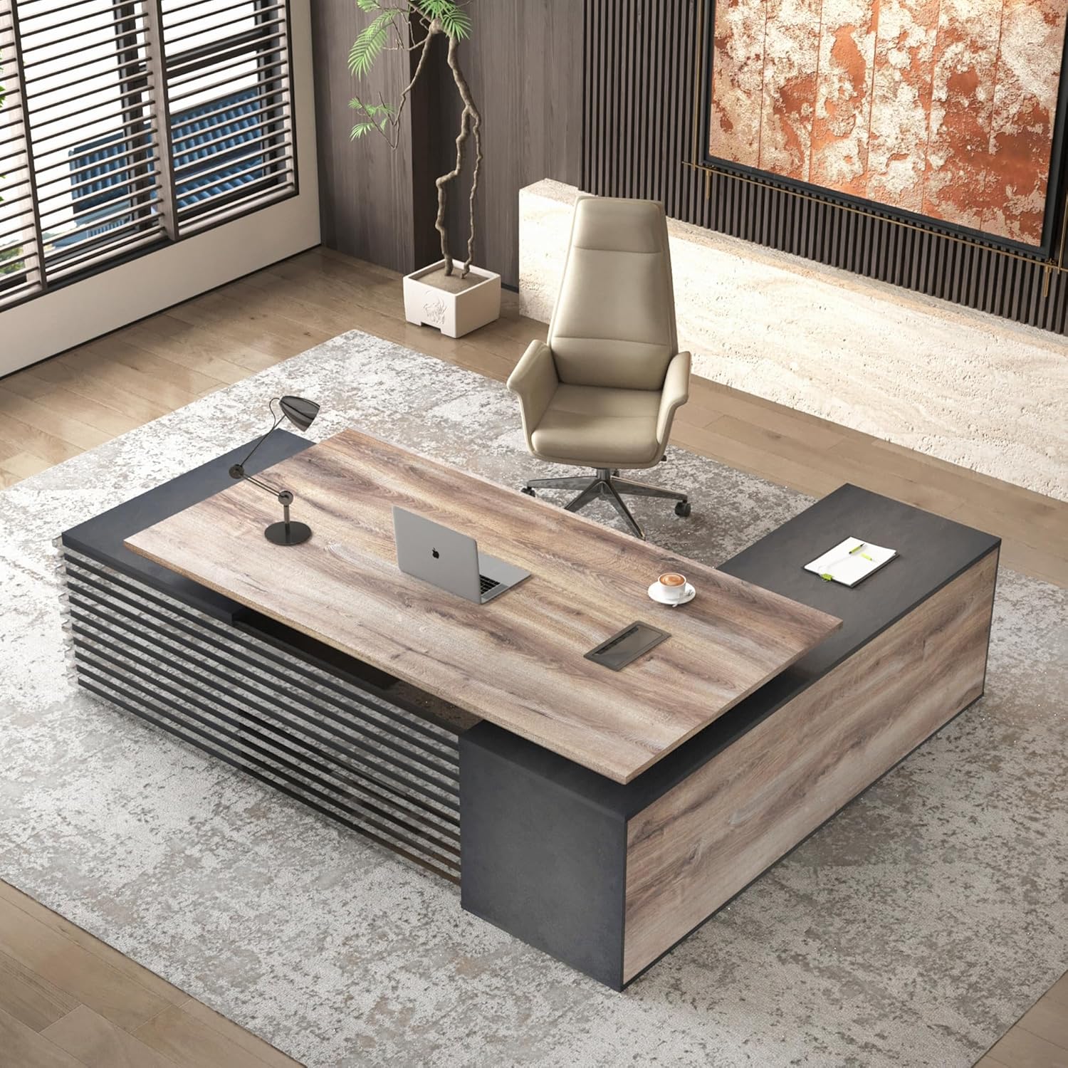 SAINTCY L-Shaped Modern Executive Office Desk with Storage & Cable Management