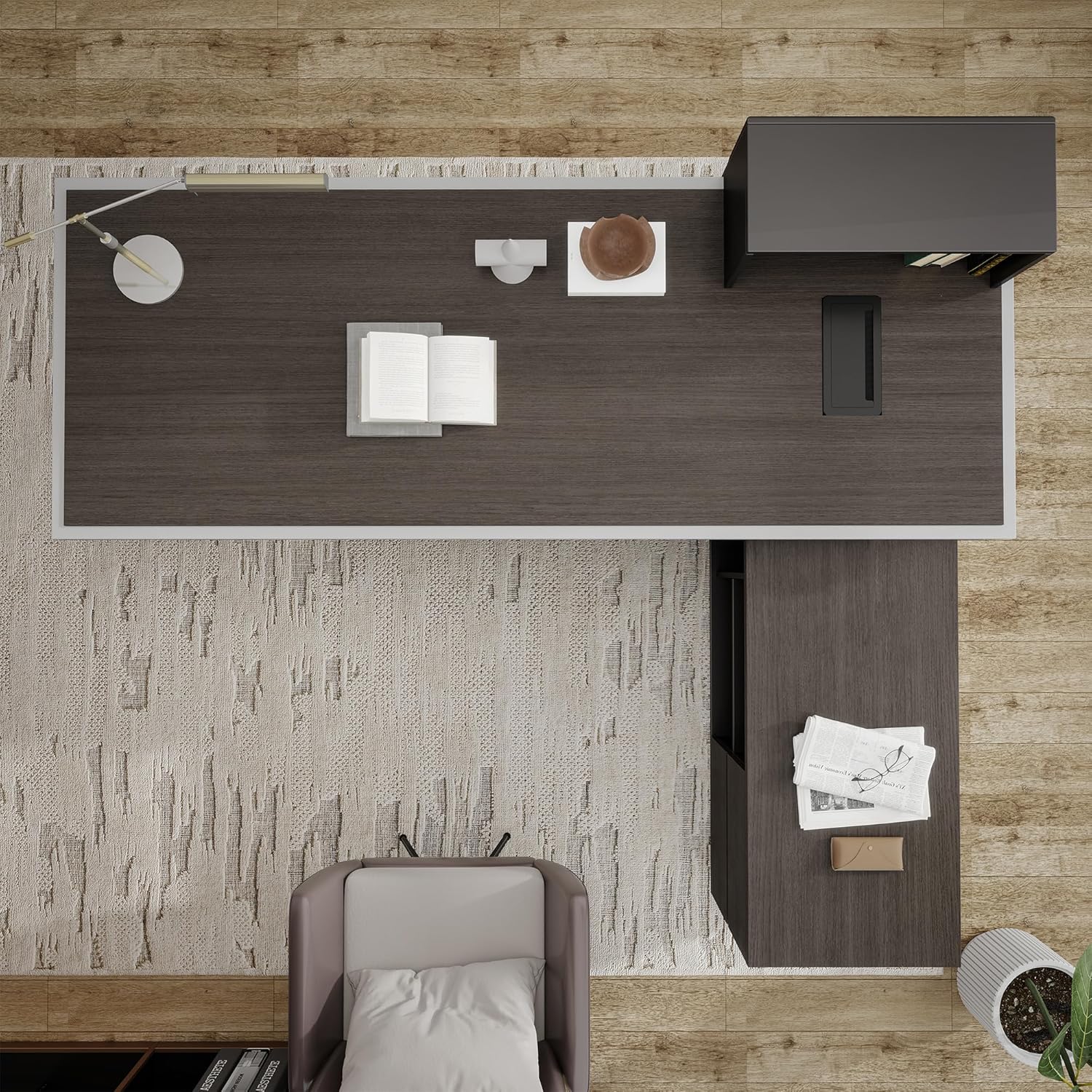 Saintcy Modern L-Shaped Executive Desk with Storage Cabinet and Shelving for Home or Office