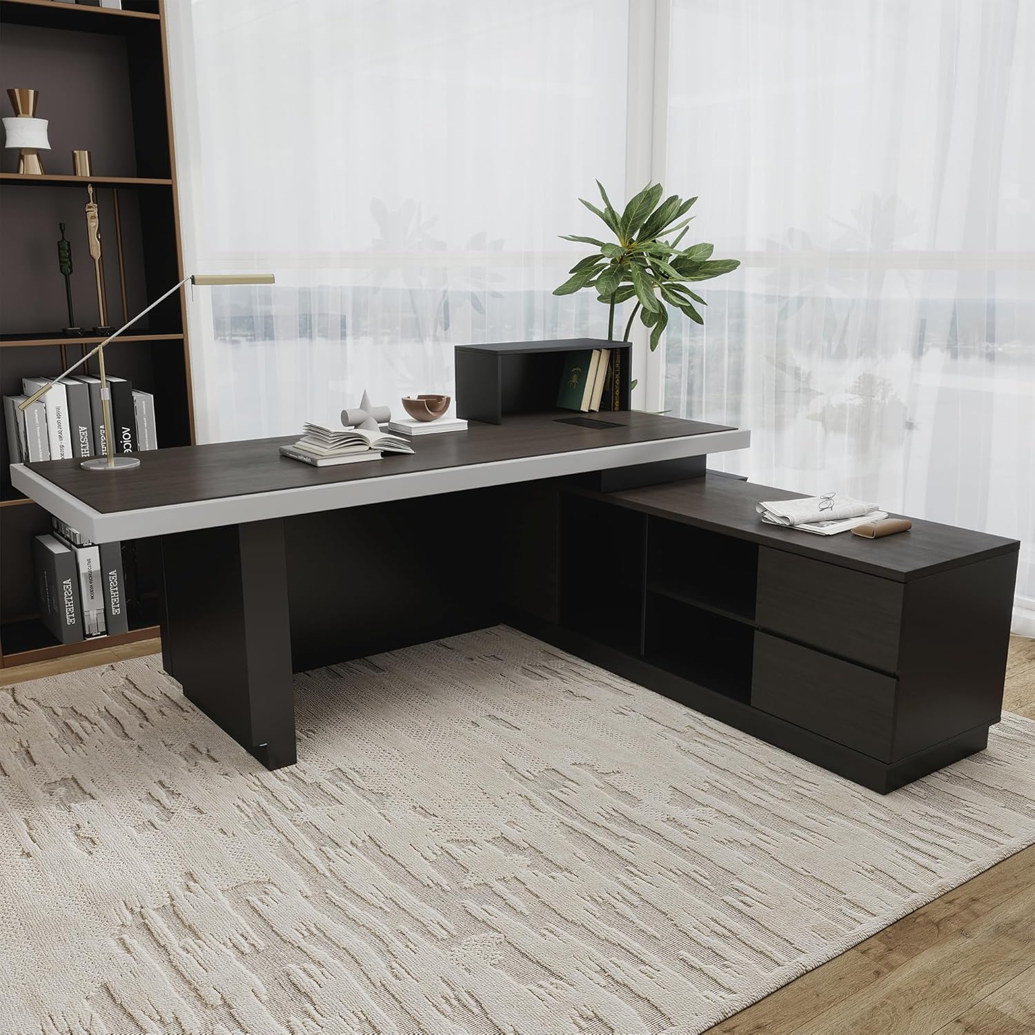Saintcy Modern L-Shaped Executive Desk with Storage Cabinet and Shelving for Home or Office