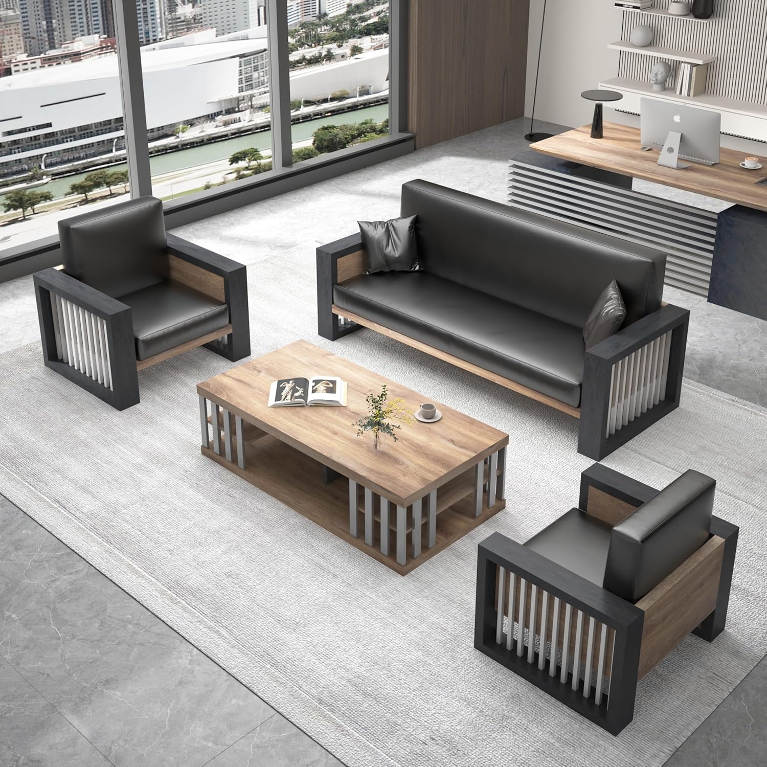 SAINTCY Mid-Century Modern 3-Piece Faux Leather Sofa Set with Coffee Table for Living Room or Office