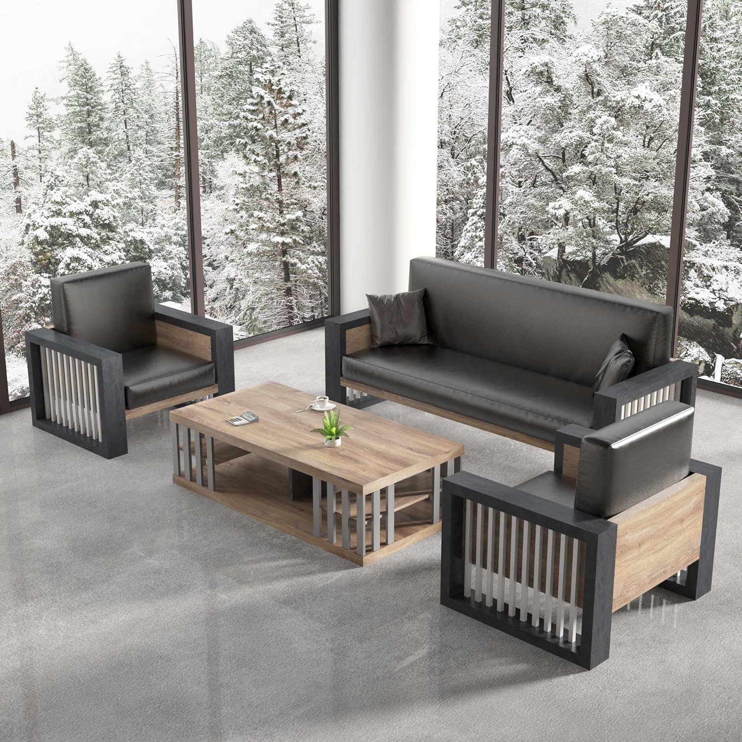 SAINTCY Mid-Century Modern 3-Piece Faux Leather Sofa Set with Coffee Table for Living Room or Office