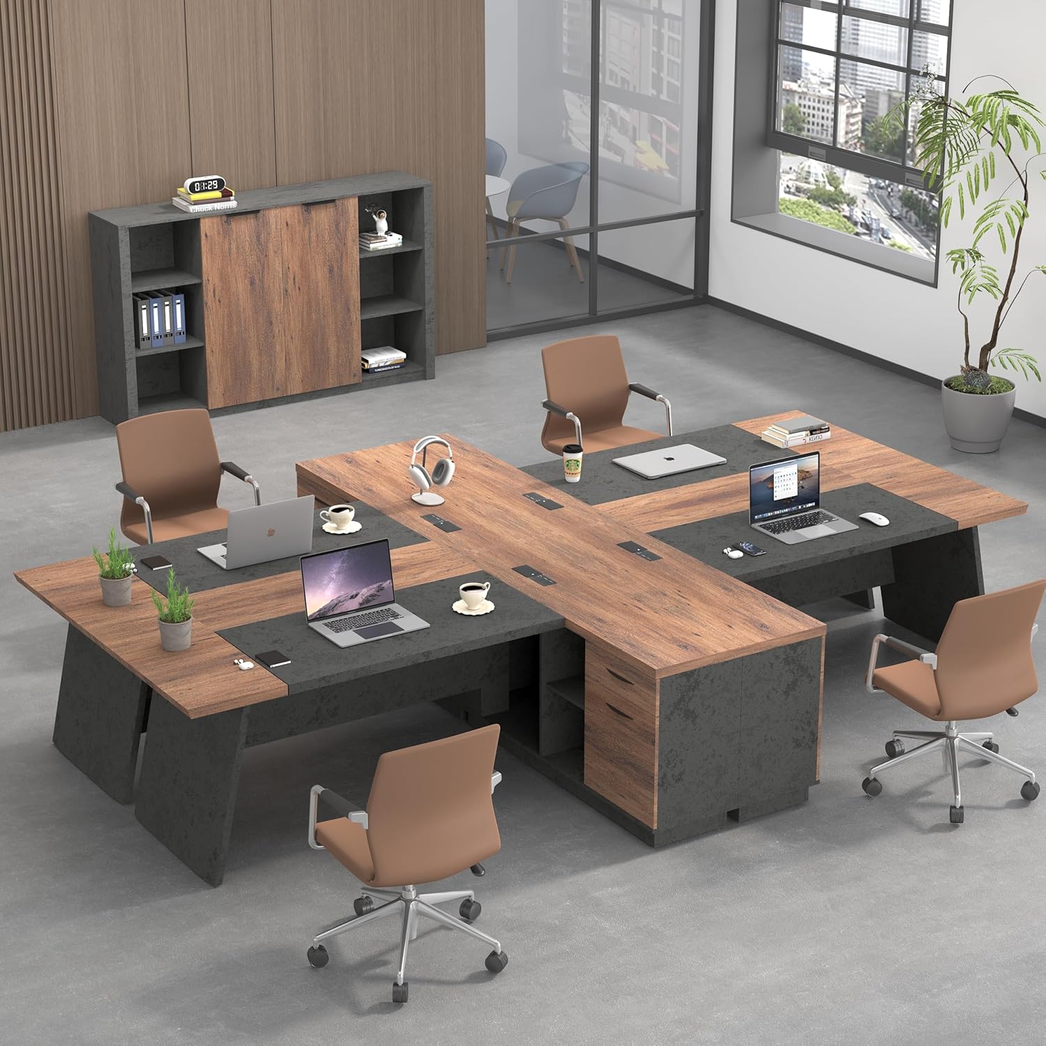 SAINTCY L-Shape Modern Executive Desk with Storage Cabinet, Cable Management & Charging Ports, Wood Top