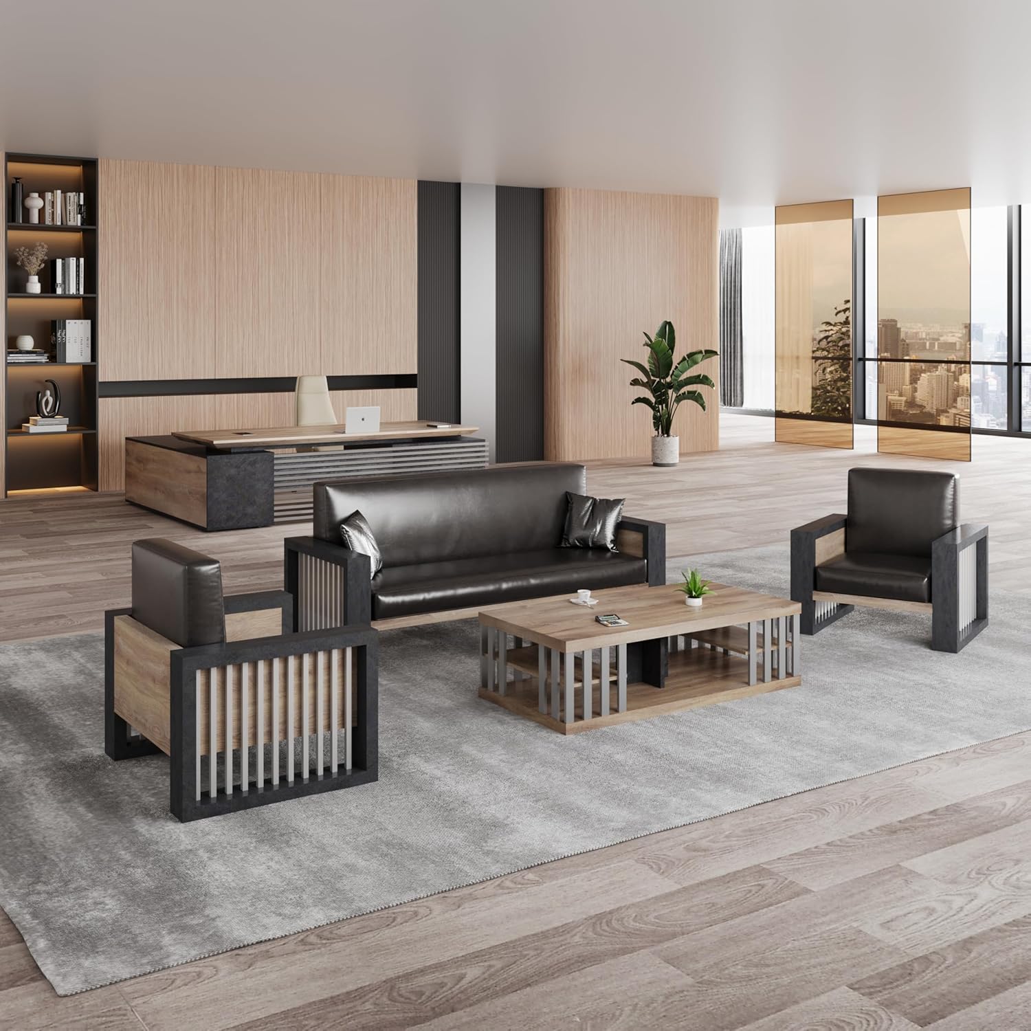 SAINTCY Mid-Century Modern 3-Piece Faux Leather Sofa Set with Coffee Table for Living Room or Office