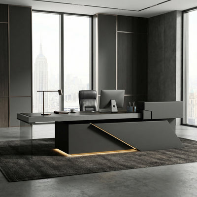 Saintcy Architectural Executive Desk with Integrated Side Cabinet & Linear Detailing | 3200 × 1800 mm