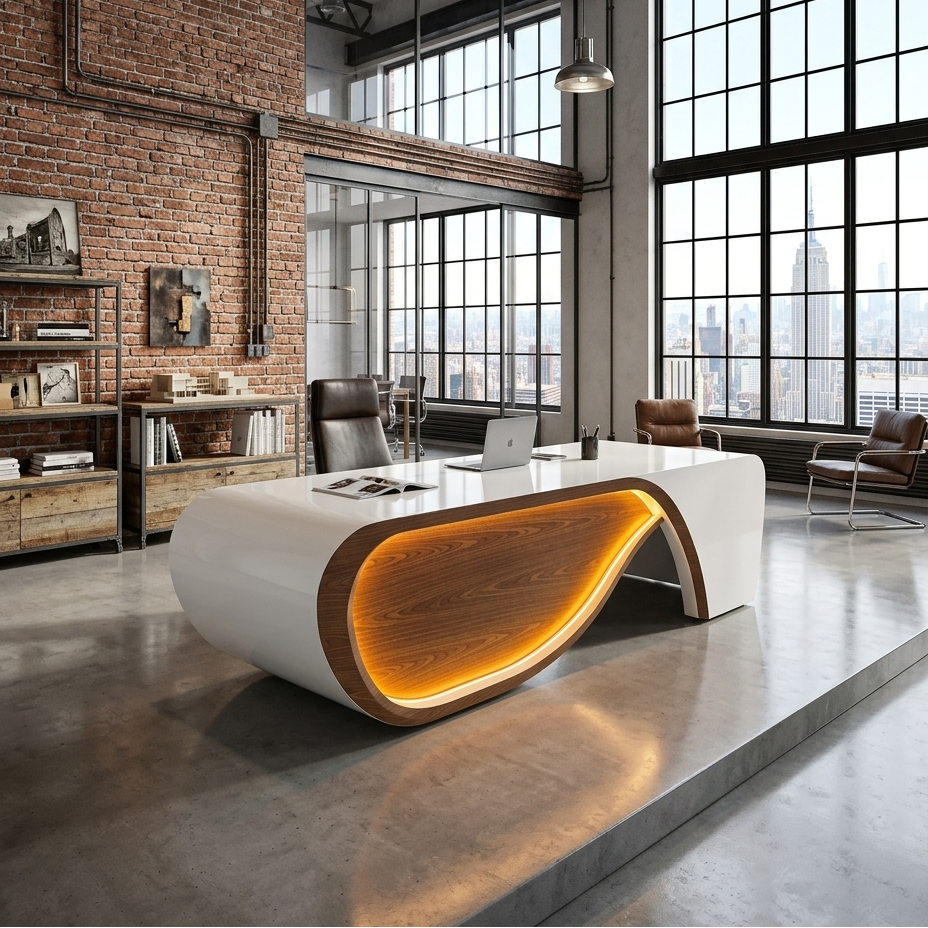 Saintcy A2026-01 Luxury Organic Curve Executive Desk - 110.24" Gloss White Architectural Workstation with Integrated LED Illumination