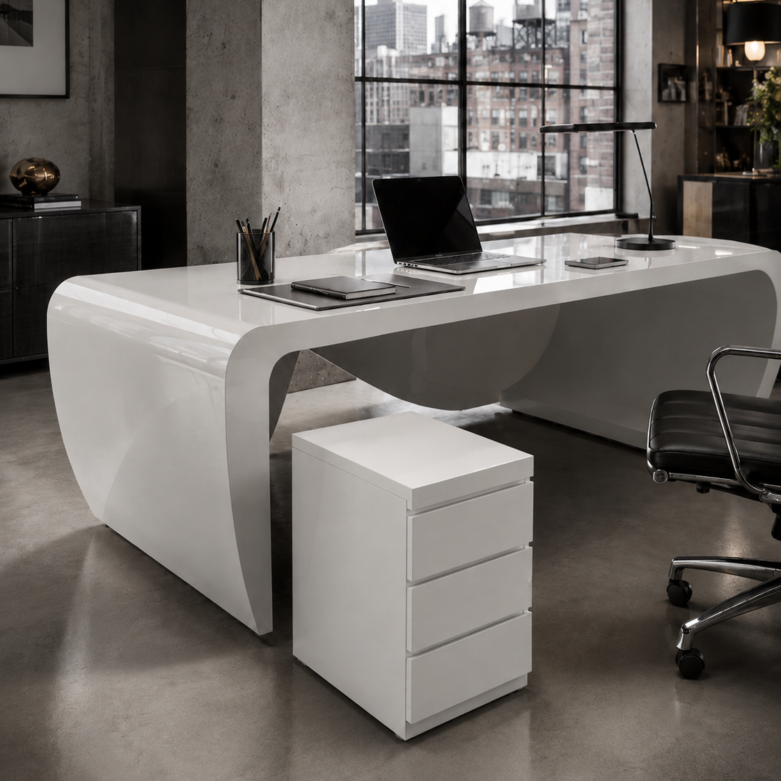 Saintcy A2026-01 Luxury Organic Curve Executive Desk - 110.24" Gloss White Architectural Workstation with Integrated LED Illumination