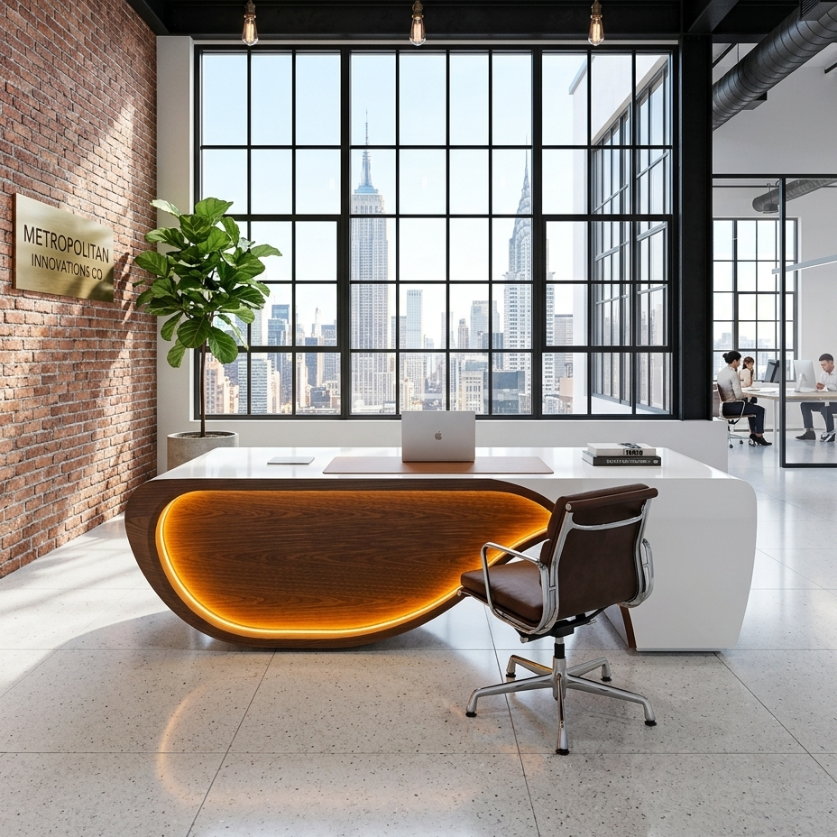 Saintcy A2026-01 Luxury Organic Curve Executive Desk - 110.24" Gloss White Architectural Workstation with Integrated LED Illumination