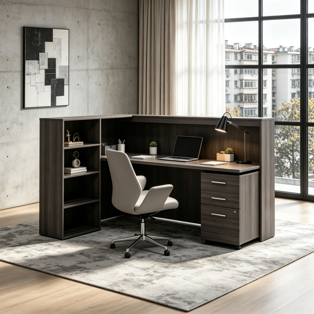 Saintcy Modern L-Shaped Reception Desk with Shelving
