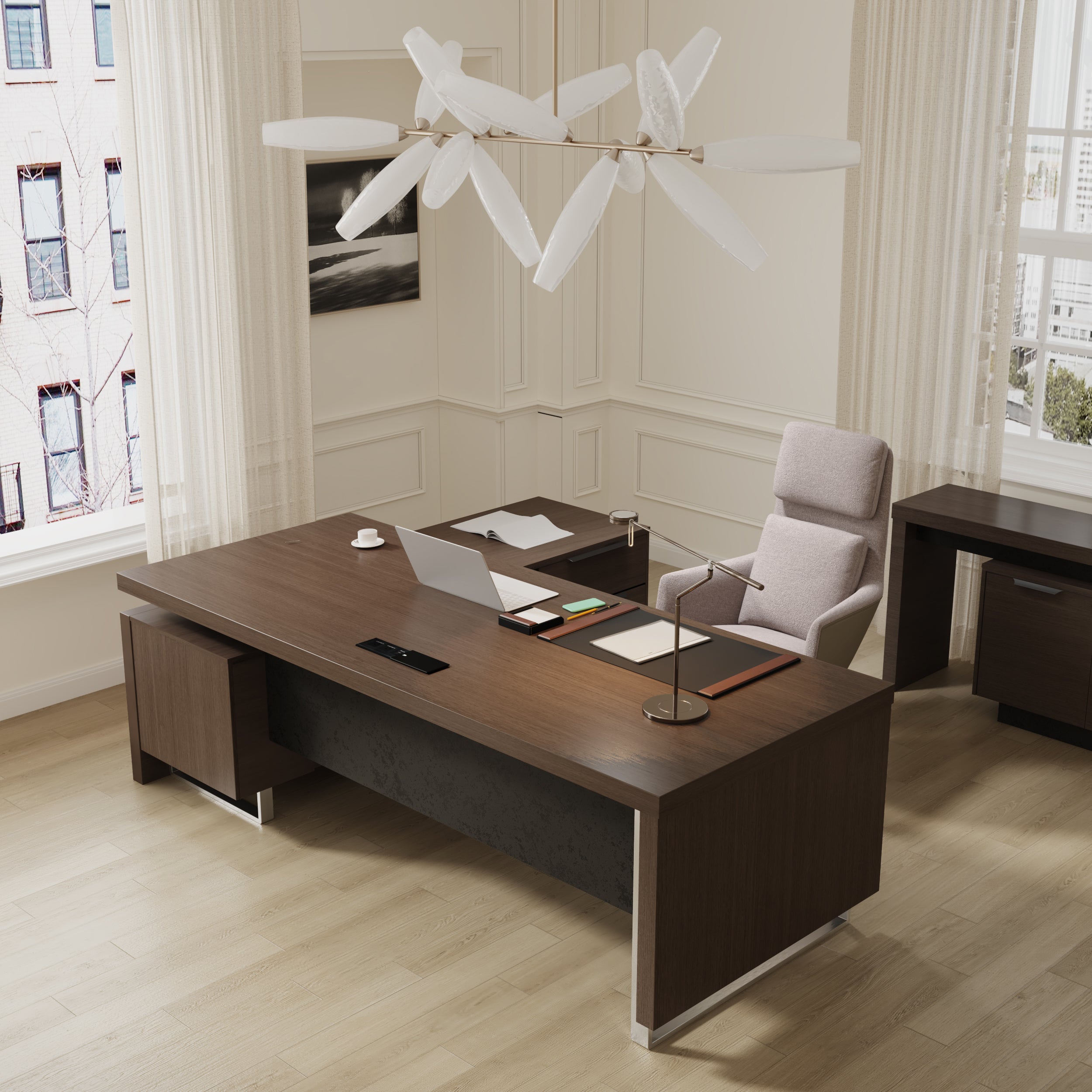 Saintcy D802 Luxury L-Shaped Executive Desk - 94" Modern Managerial Workstation with Floating Top and Chrome Sled Accents