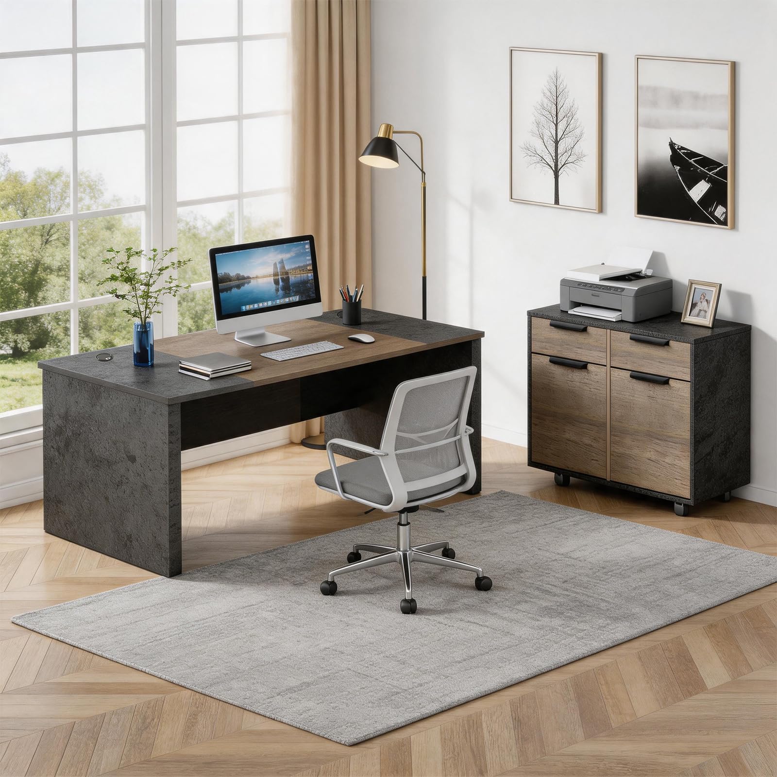 Saintcy D806 Luxury Executive L-Shaped Desk - 63" Modern Command Workstation with Mixed-Media Framing & Integrated Side Return