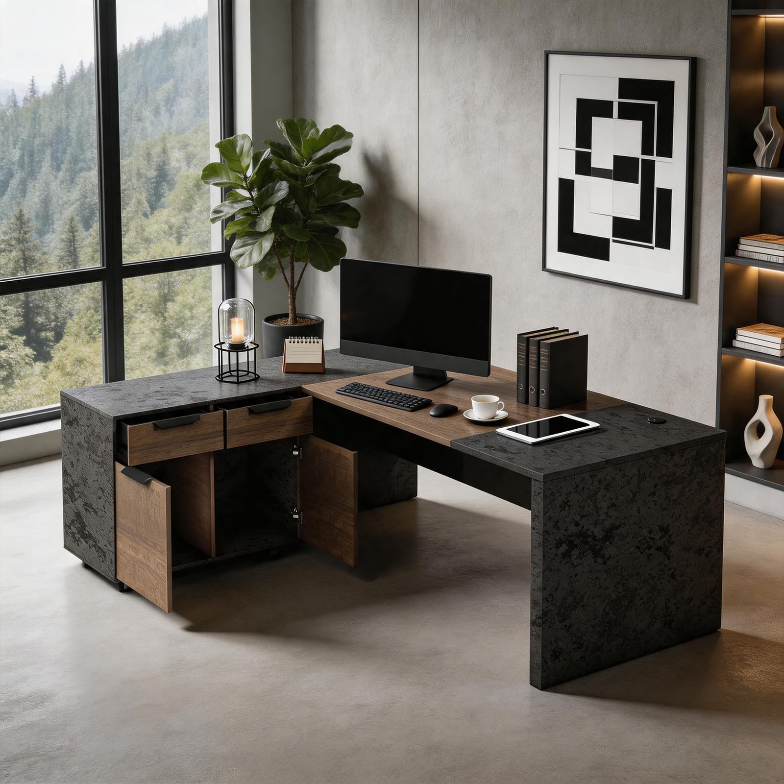 Saintcy D806 Luxury Executive L-Shaped Desk - 63" Modern Command Workstation with Mixed-Media Framing & Integrated Side Return