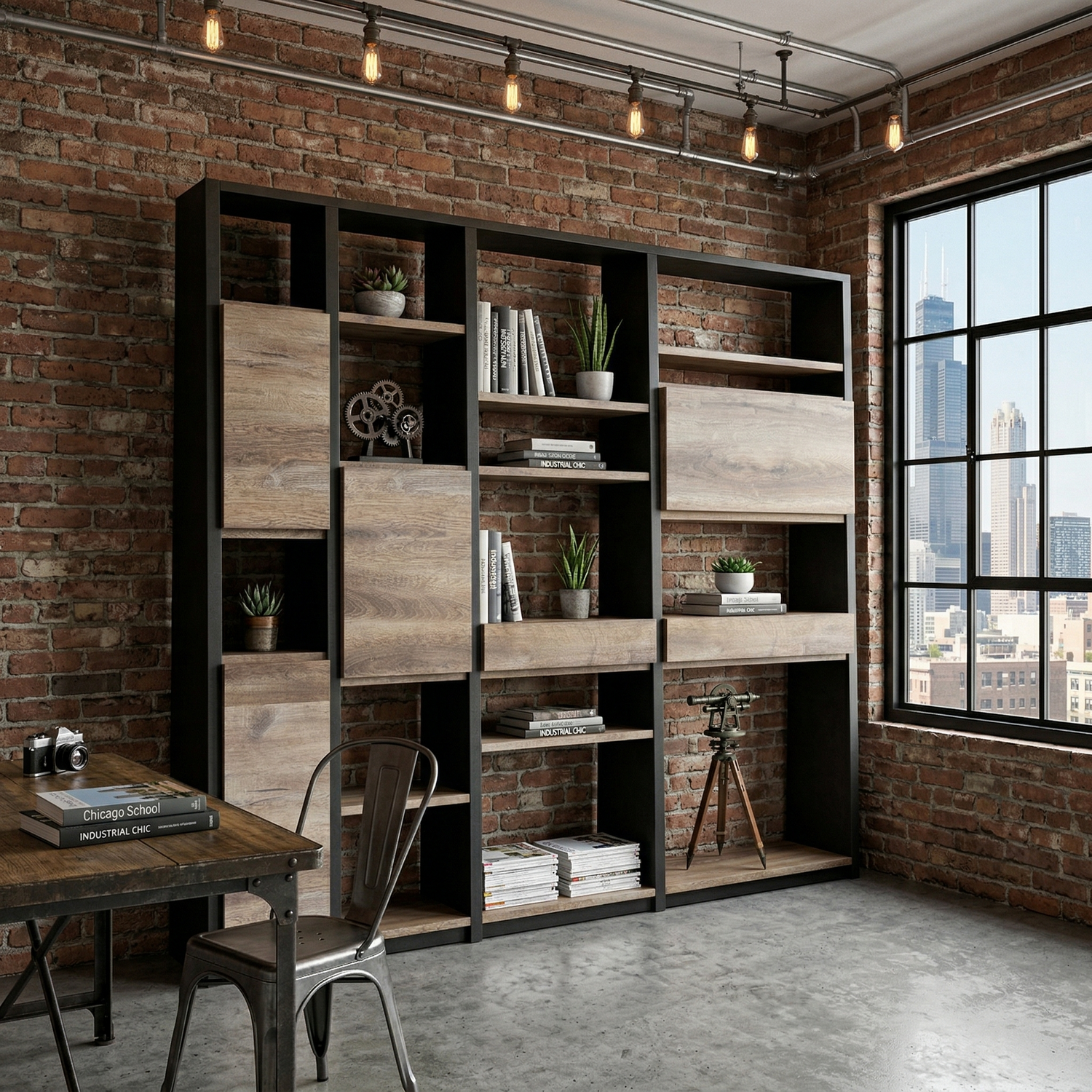 SAINTCY Modern Architectural Wall Bookshelf - Large Industrial Modular Display Cabinet with Mixed Storage for Executive Offices