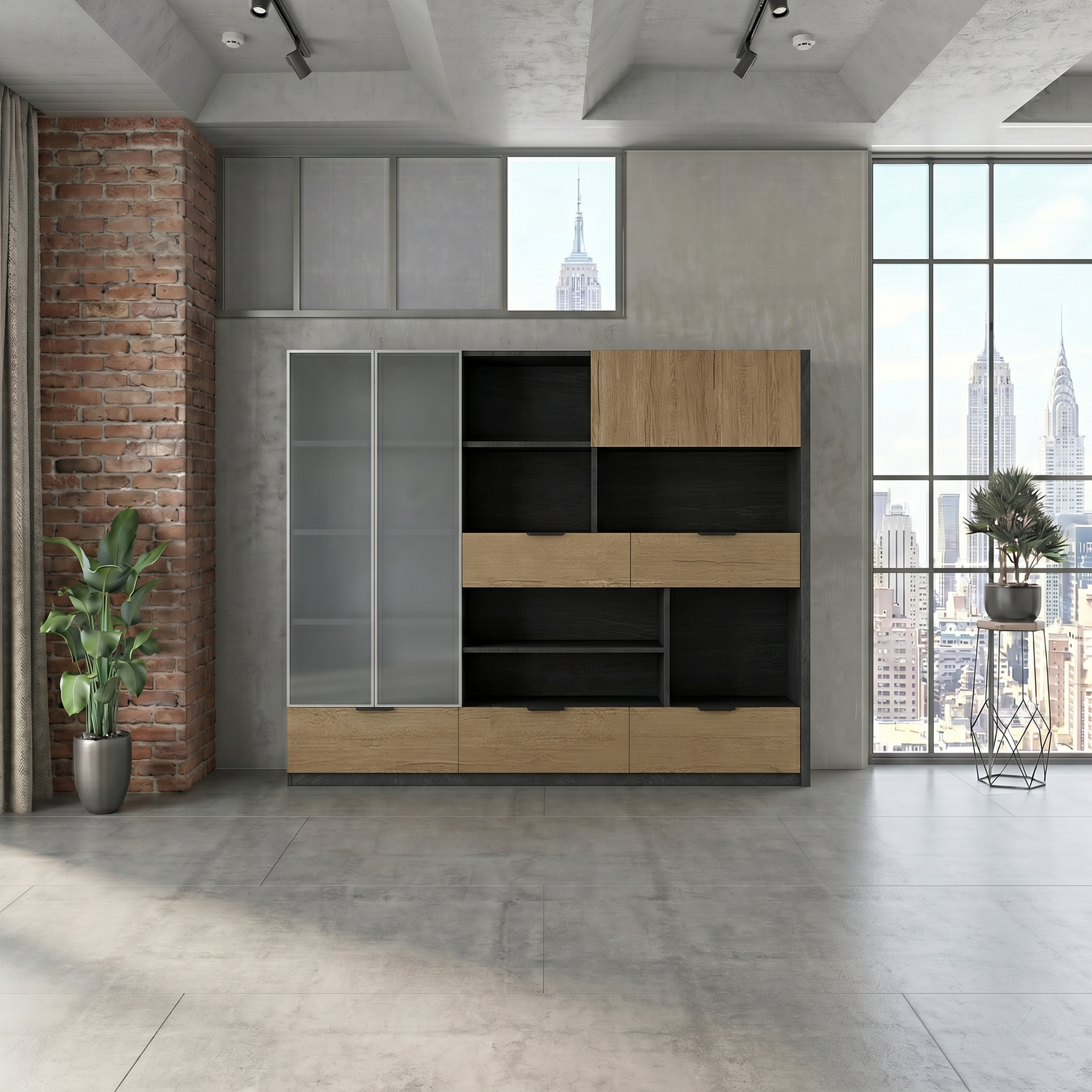 Architectural Executive Bookcase - Modern 2.4m Modular Wall Cabinet with Frosted Glass Doors