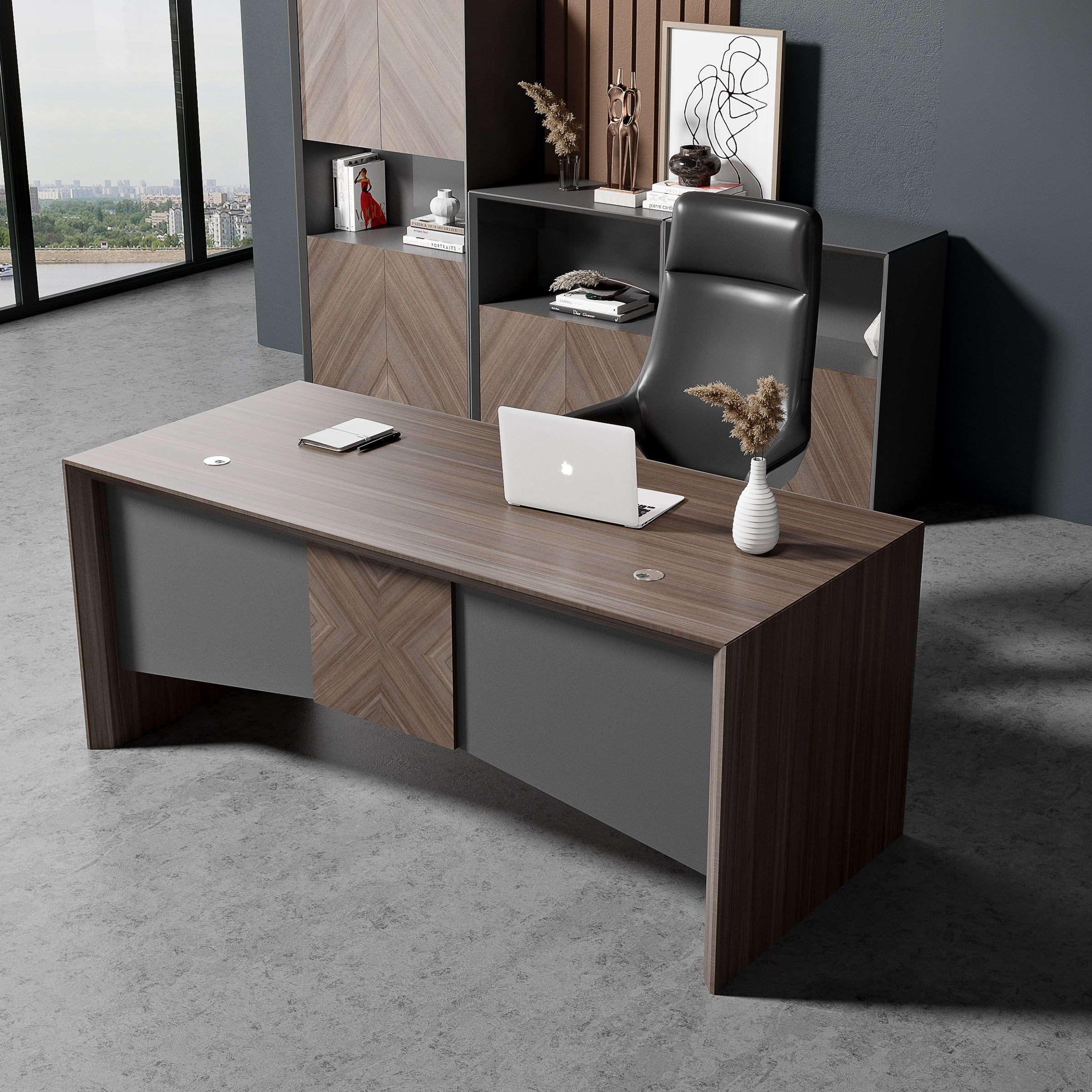 Saintcy W608 Modern Executive L-Shaped Office Desk - Industrial Managerial Workstation with X-Pattern Wood Accent (71" / 79")