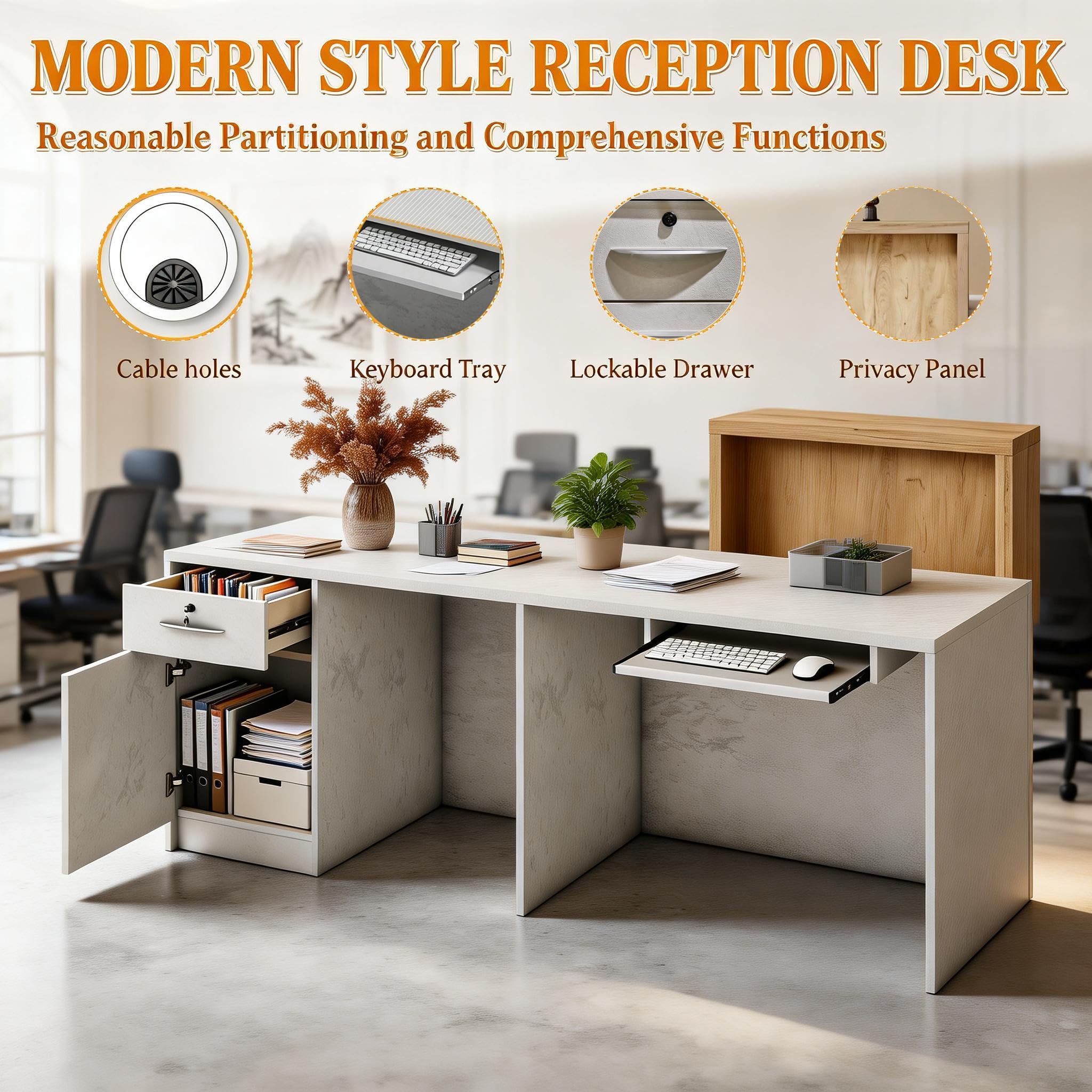 Saintcy WR006 Modern Luxury Reception Desk - 2.0m White Marble Front Counter with Floating Wood Privacy Block
