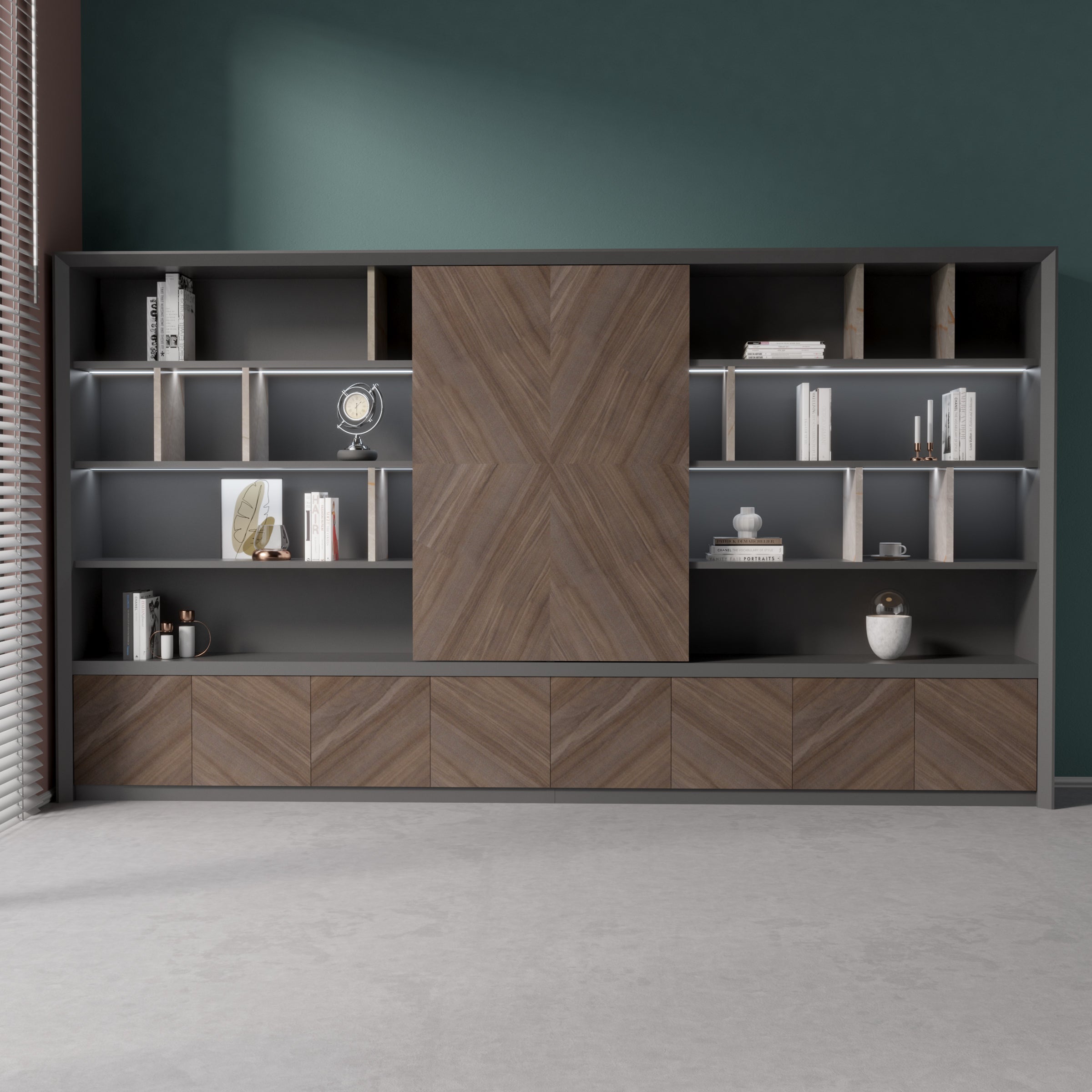 Saintcy Luxury Executive Bookcase - Modern Industrial Grand Library Wall Cabinet with Smoked Glass Doors (102" / 142")