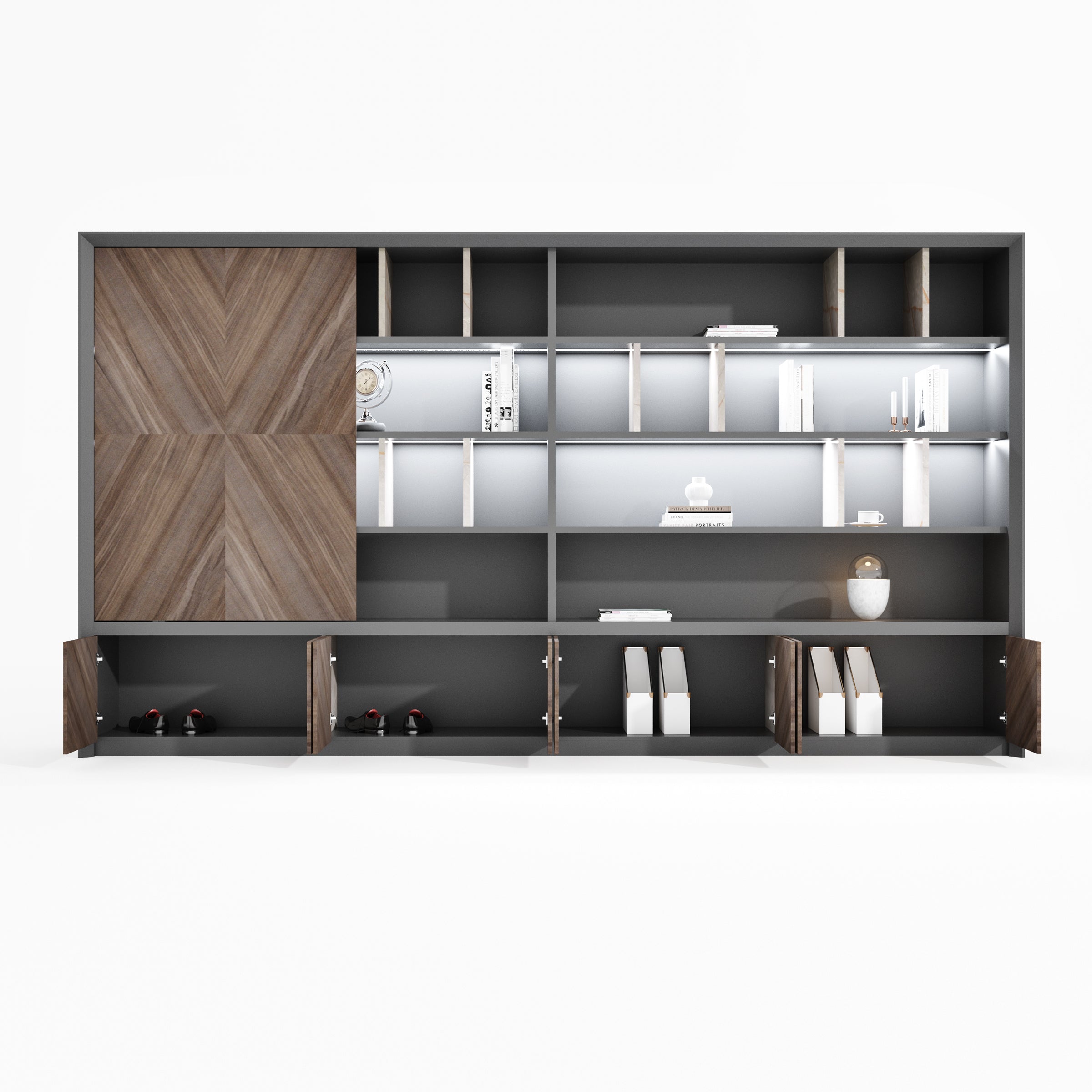 Saintcy Luxury Executive Bookcase - Modern Industrial Grand Library Wall Cabinet with Smoked Glass Doors (102" / 142")
