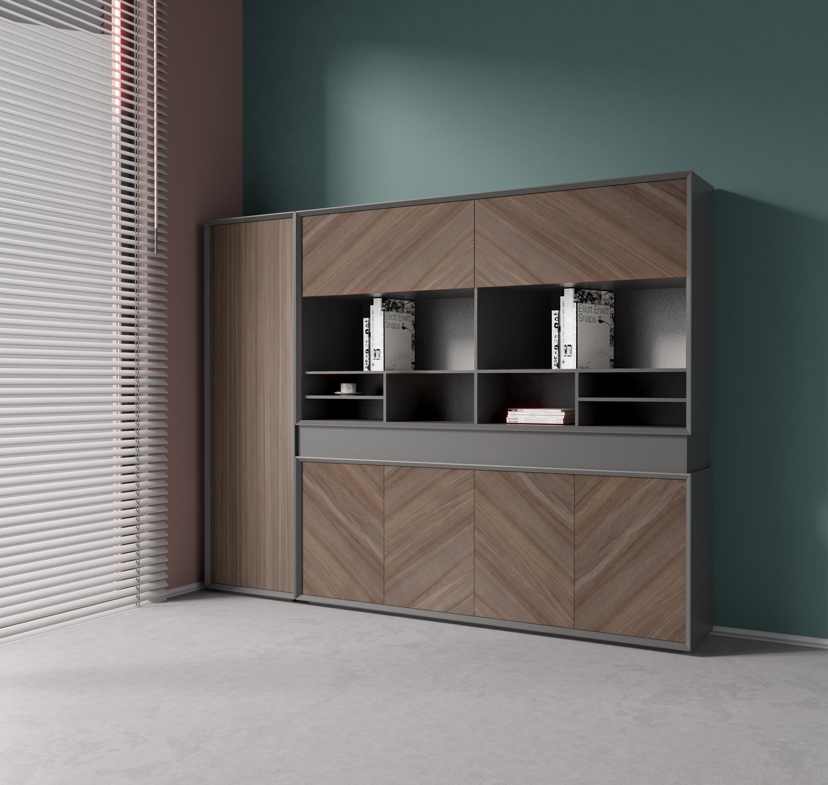 Saintcy Luxury Executive Bookcase - Modern Industrial Grand Library Wall Cabinet with Smoked Glass Doors (102" / 142")