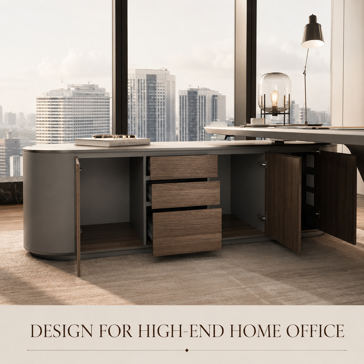 SAINTCY Modern L-Shaped Standing Executive Desk with Storage Cabinet and Height Adjustment for Office